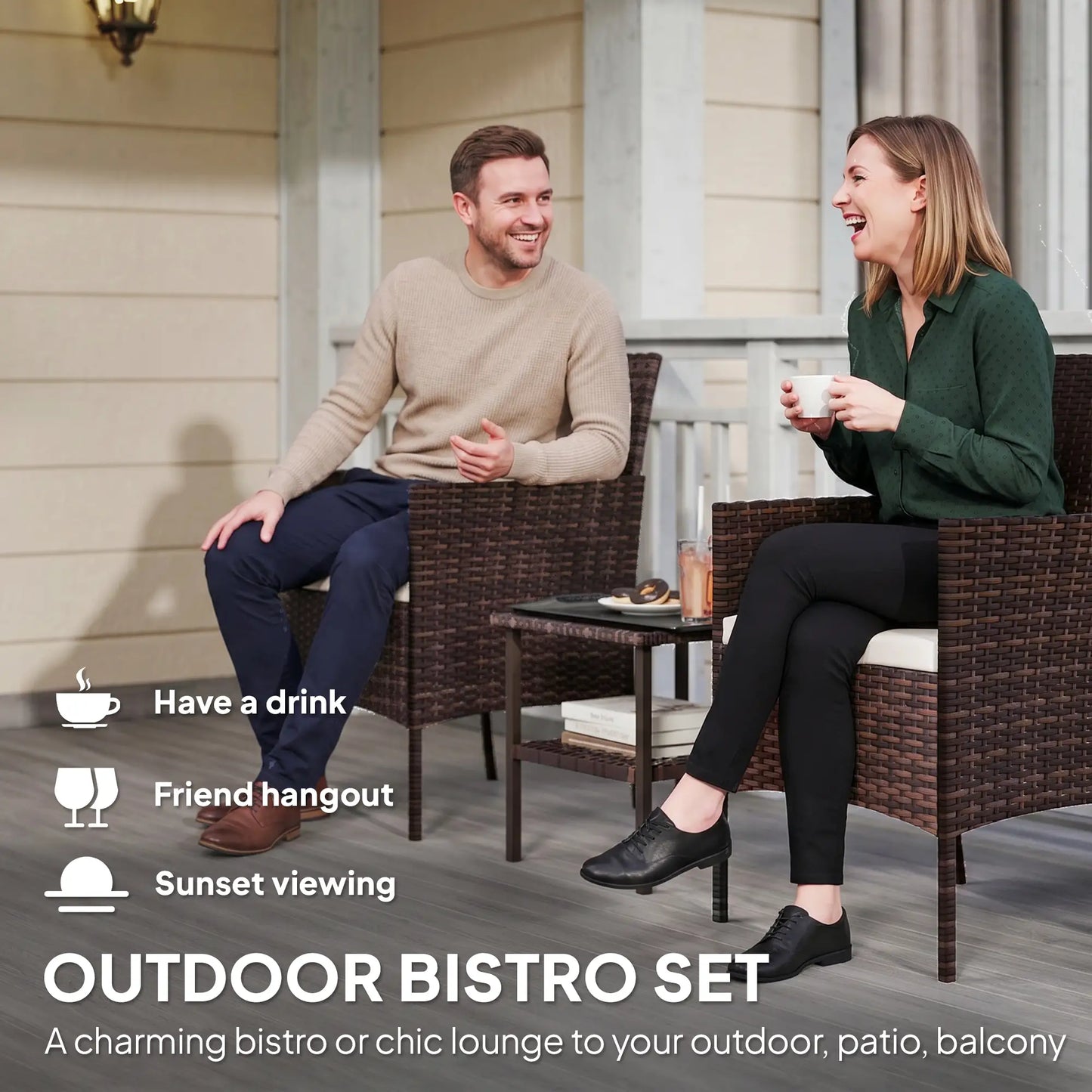 3-Piece Wicker Bistro Set, 2-Tier Glass Top Table, Beige Bistro Sets at Gallery Canada