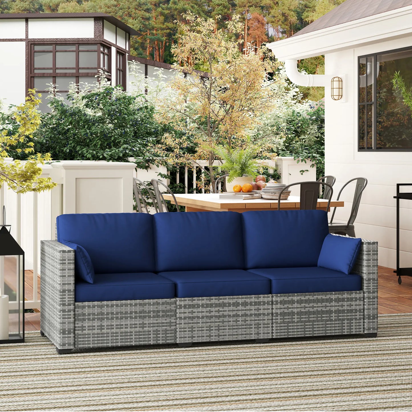 3-Seater Outdoor Sofa with Cushions, PE Rattan, Dark Blue Patio Furniture Sets at Gallery Canada