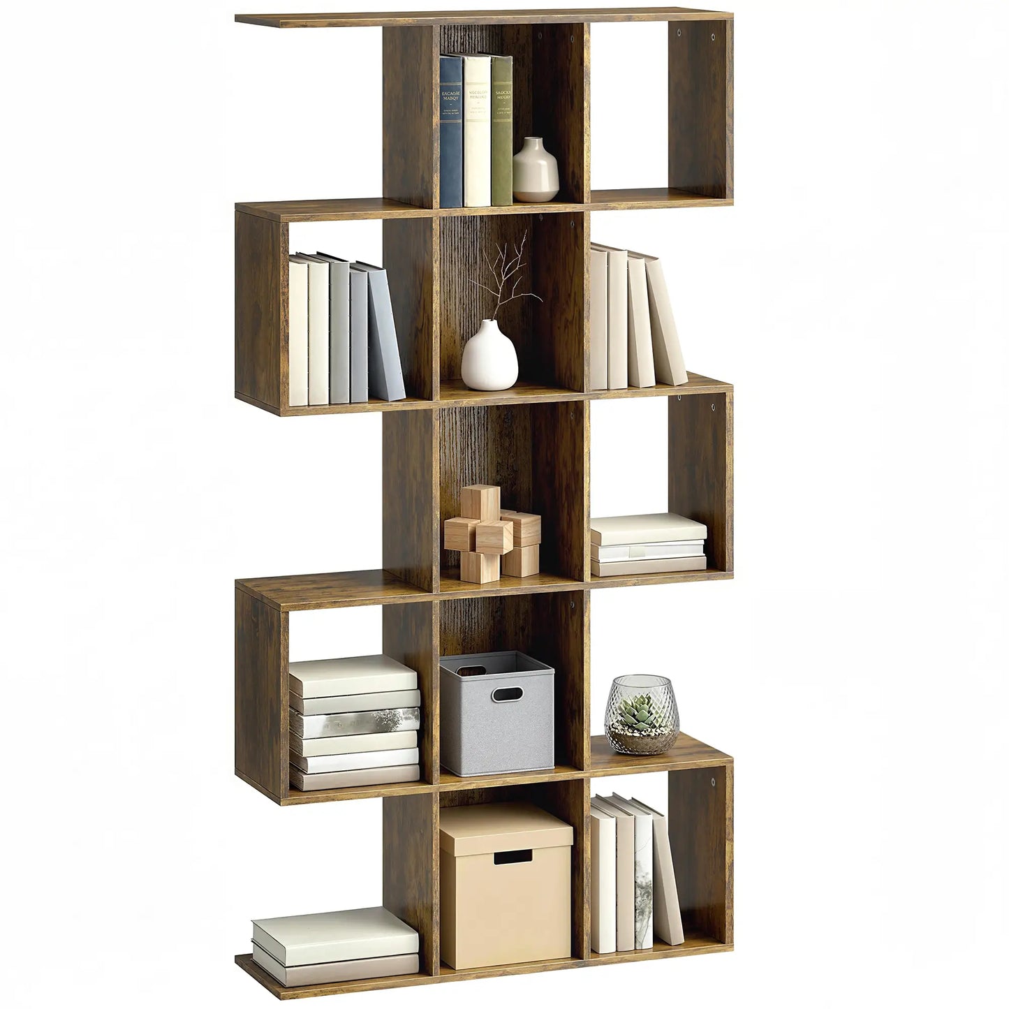 5-Tier S-Shaped Bookshelf, 15 Compartments, Rustic Brown, Rustic Brown Display Bookshelves at Gallery Canada
