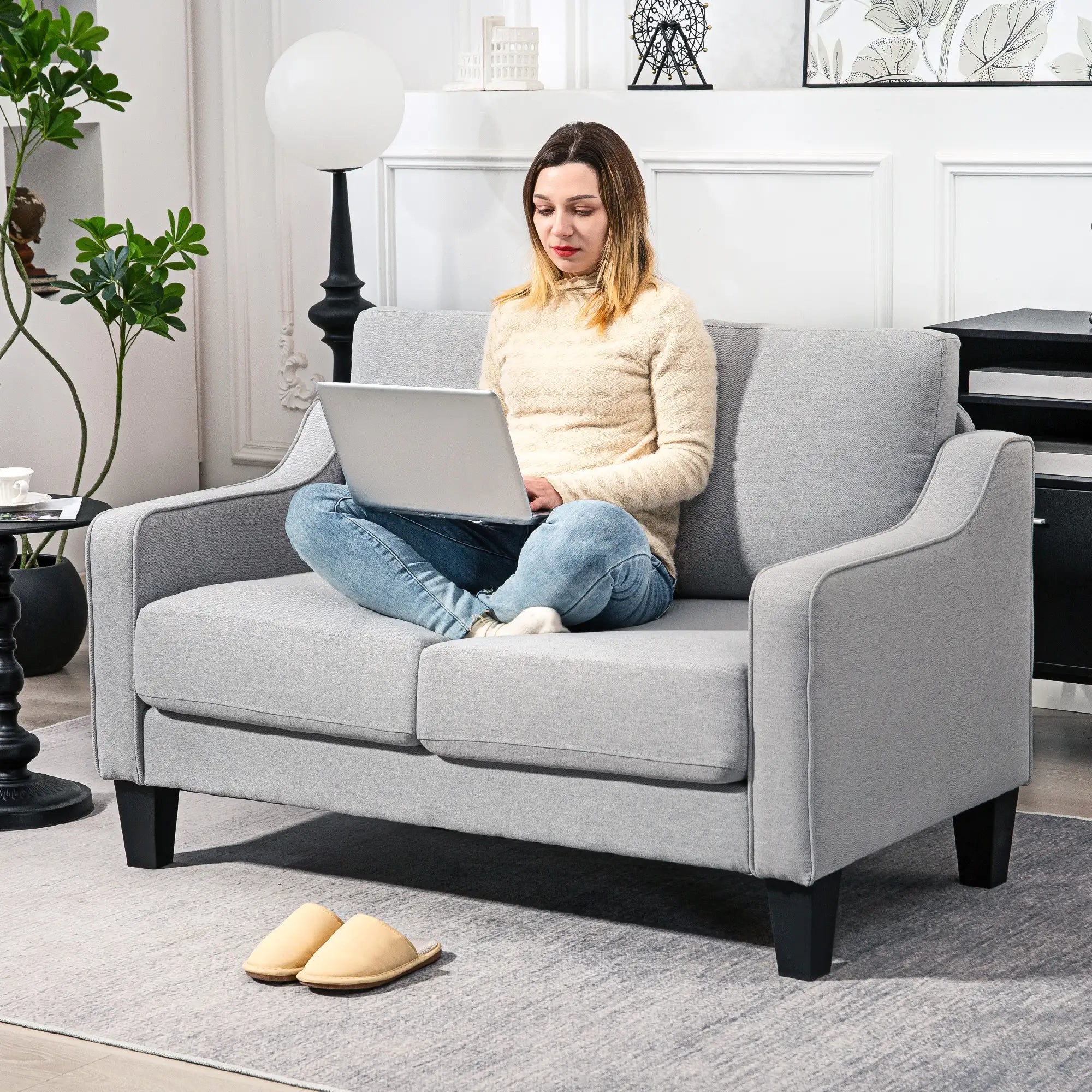 Modern Loveseat Sofa, Pocket Spring, Linen Upholstered, Light Grey 2-Seater Sofas at Gallery Canada