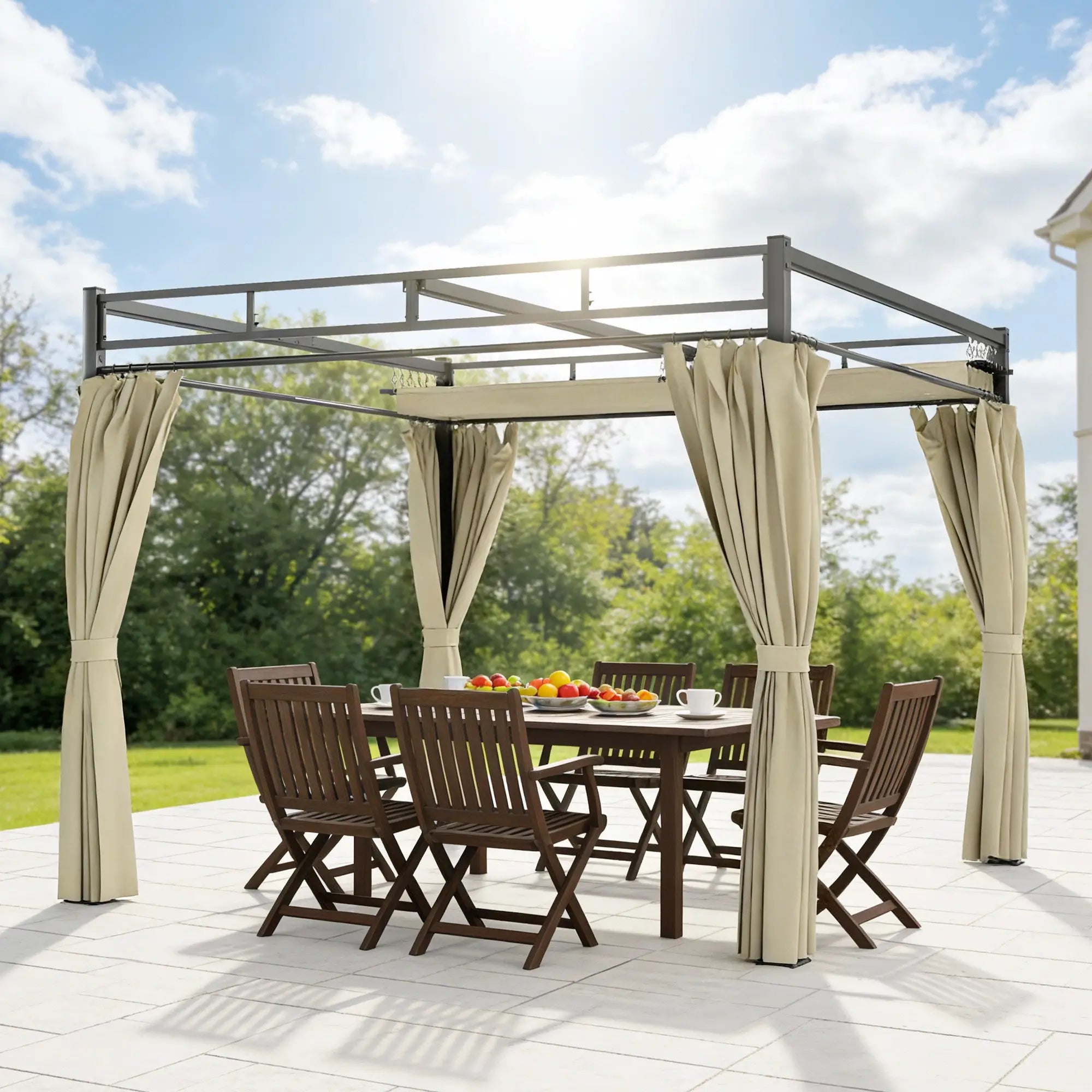 10' x 10' Outdoor Gazebo, Retractable Pergola Canopy With Curtains, Beige Pergolas at Gallery Canada