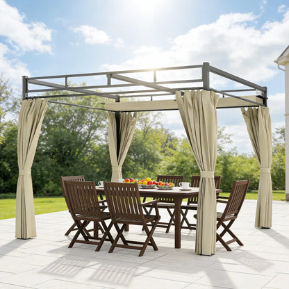 10' x 10' Outdoor Gazebo, Retractable Pergola Canopy With Curtains, Beige Pergolas at Gallery Canada