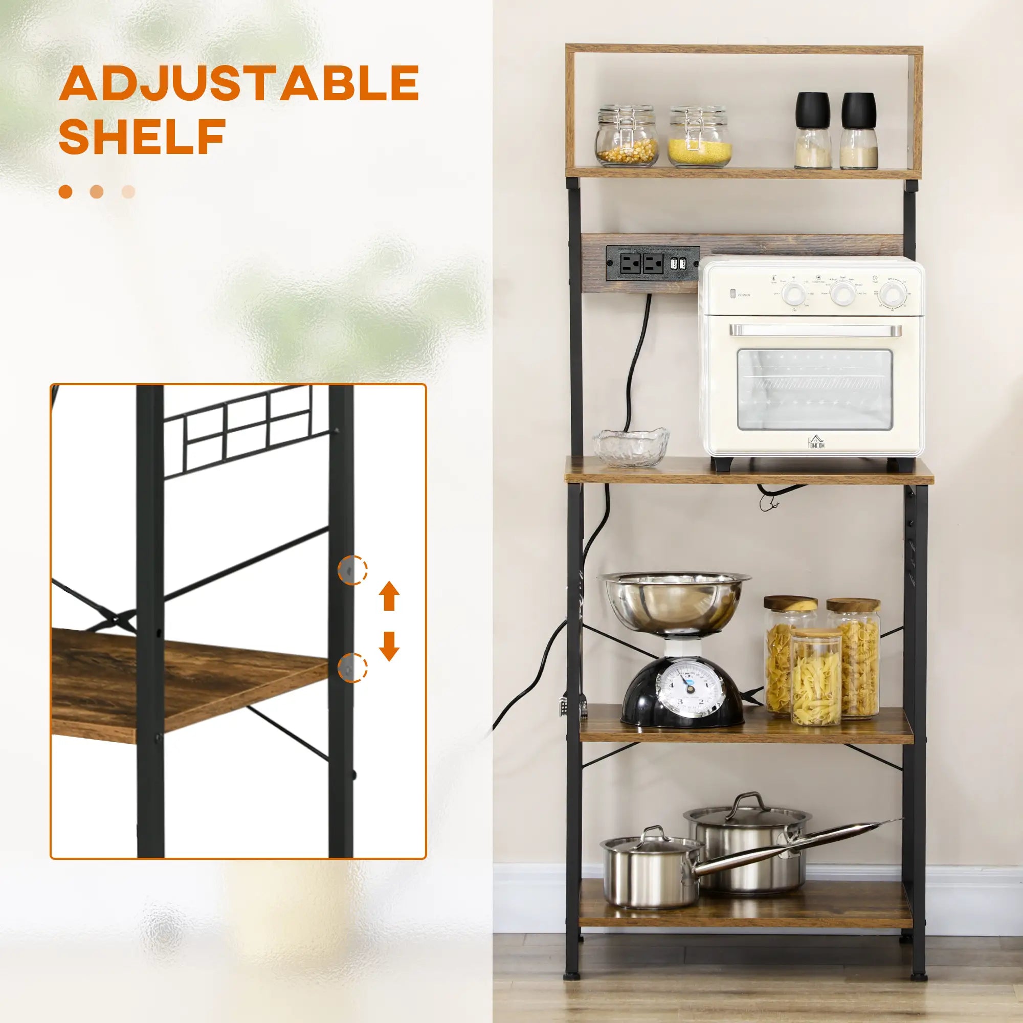 Baker's Rack with Charging Station, Microwave Shelf, Rustic Brown Storage Cabinets at Gallery Canada