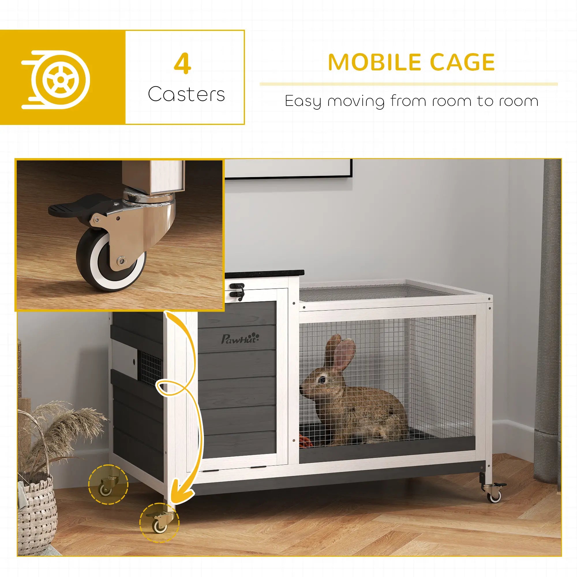 Wooden Rabbit Hutch, Pull-Out Tray, Openable Roof, Small Animal Cage on Wheels, Grey Rabbit Hutch at Gallery Canada