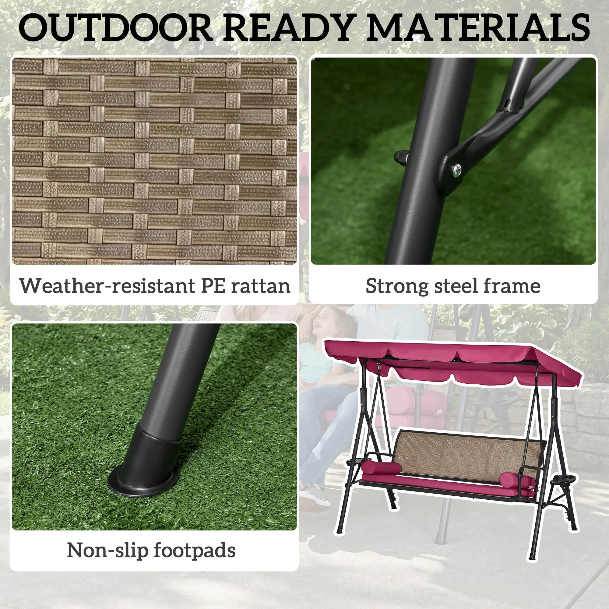 Outdoor 3-Seat Porch Swing With Canopy, Rattan, Cushion, Cushion Patio Swings with Stand at Gallery Canada