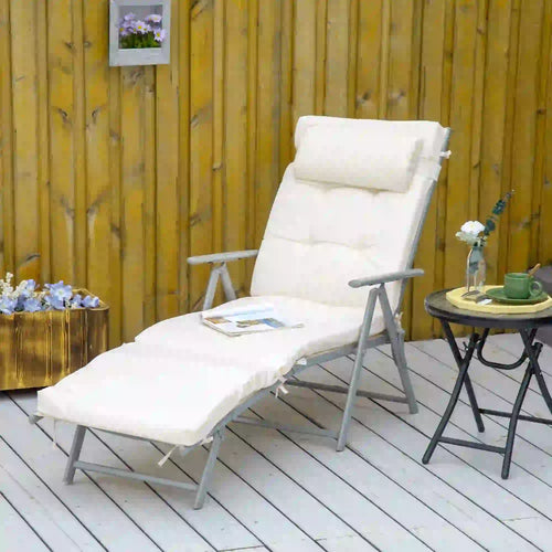 Outdoor Folding Chaise Lounge, Adjustable Backrest, Cream White