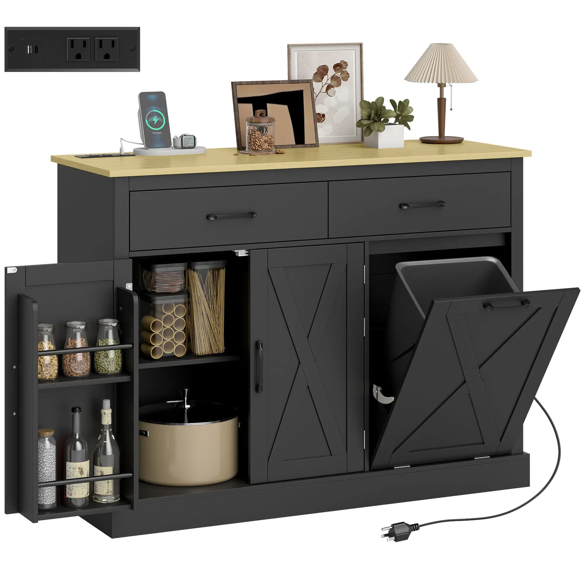 7 Gallon Tilt Out Garbage Cabinet, Kitchen Island With Charging Station, Black Storage Cabinets at Gallery Canada
