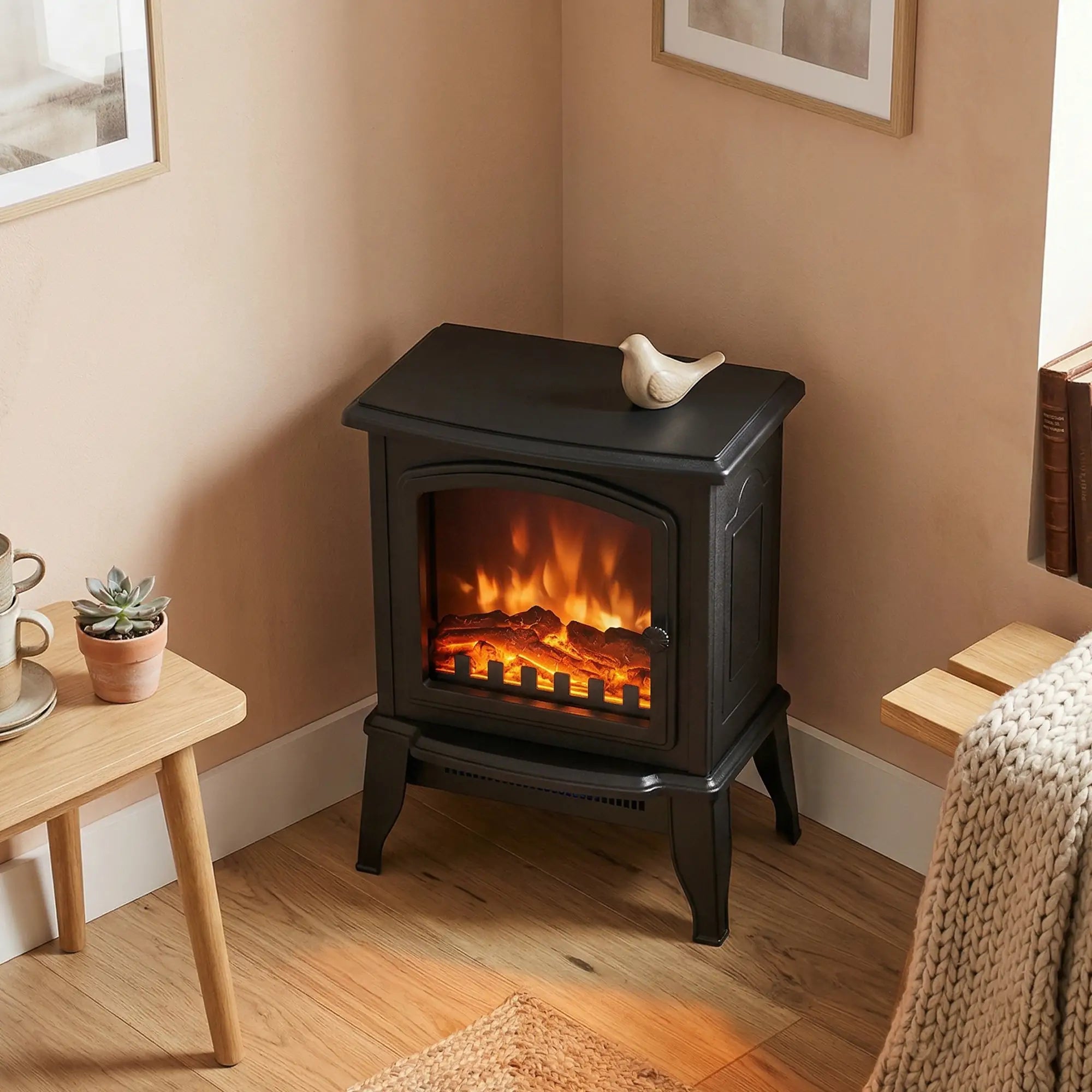 Electric Fireplace Heater, Freestanding, Realistic Flame, Overheat Protection, 750W/1500W, Black Electric Fireplaces at Gallery Canada