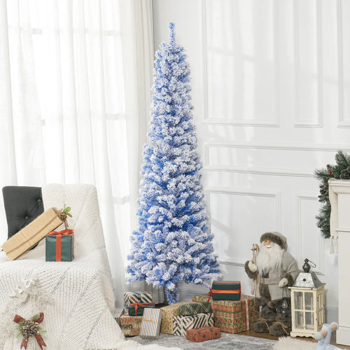 6ft Flocked Pencil Christmas Tree, Realistic Branch Tips, Blue