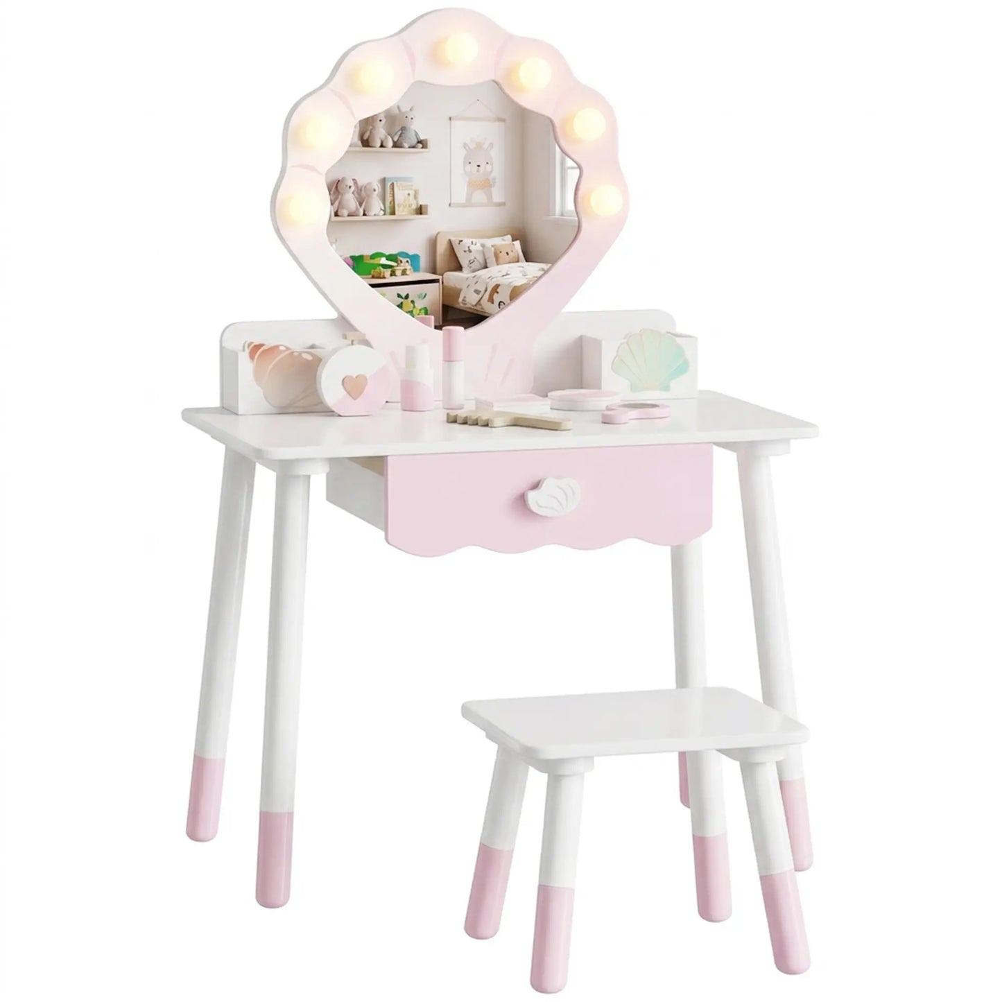 Kids Vanity Set with Lights, Mirror, Stool, Accessories for 3-8 Years, Pink Toy Vanity at Gallery Canada
