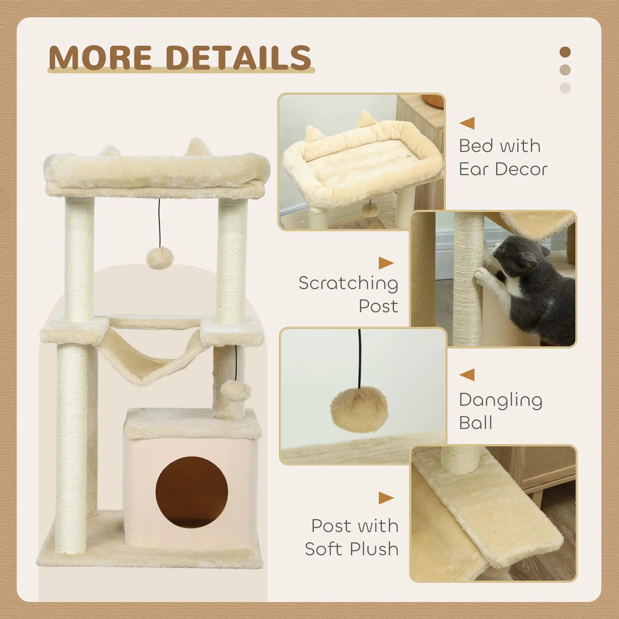 39.25'' Cat Tree Tower, Multi-Level Kitten House, Scratching Post, Hammock Bed, Beige Cat Posts at Gallery Canada