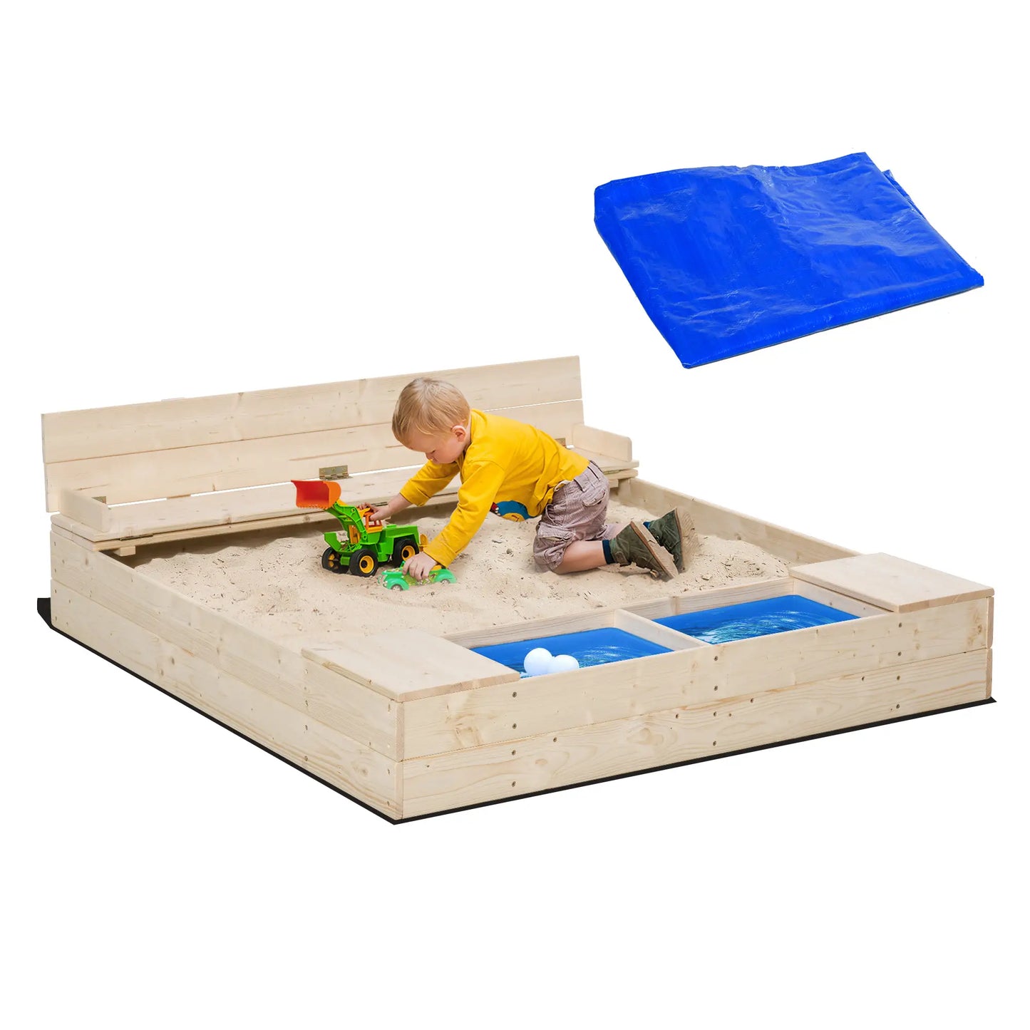 Kids Wooden Sandbox with Foldable Bench, 2 Plastic Boxes, Liner Sandboxes & Accessories at Gallery Canada