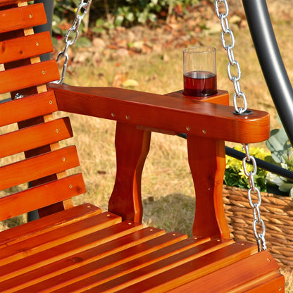 2 Seater Wooden Porch Swing, Patio Chair with Cup Holder, Brown Hanging Porch Swings at Gallery Canada