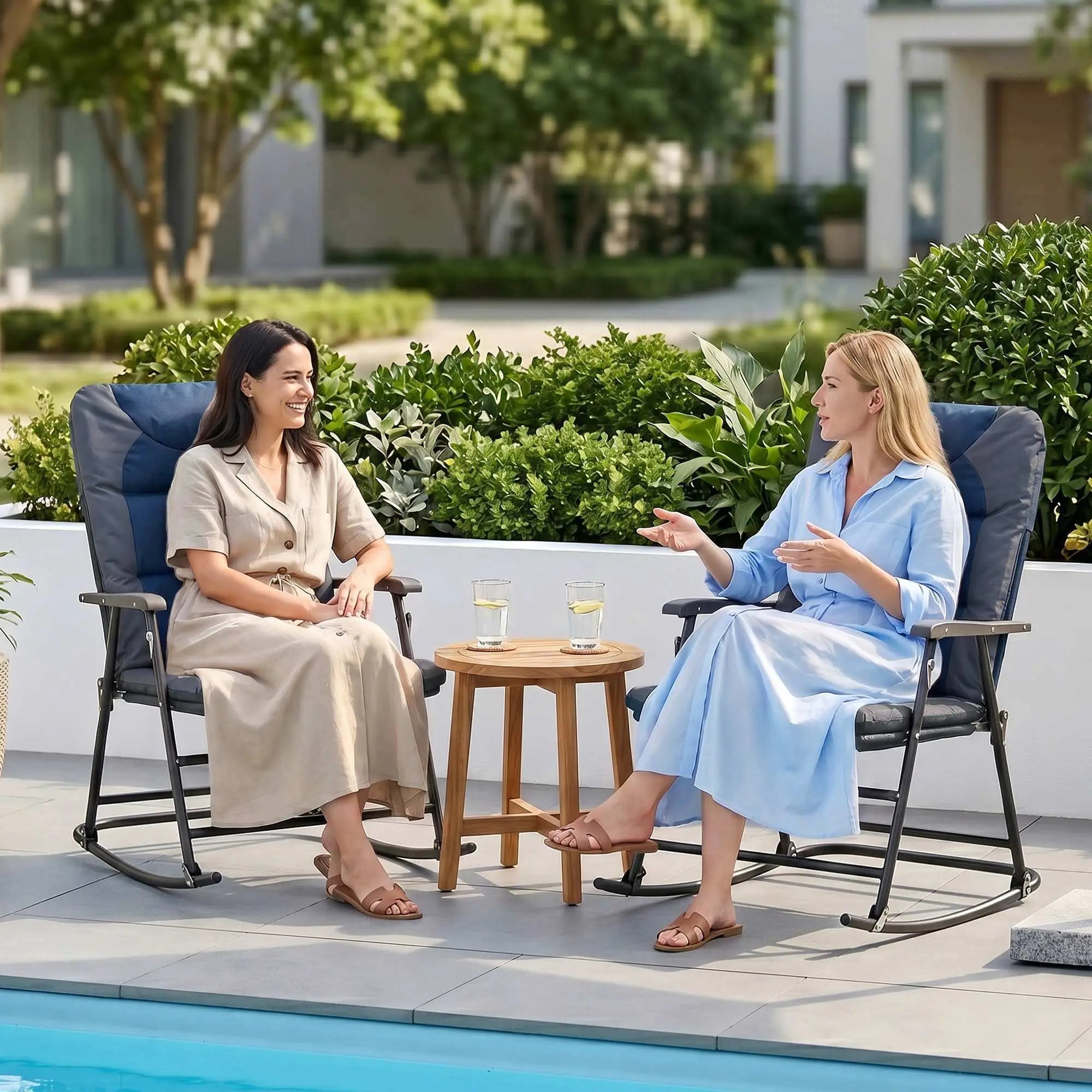 Folding Rocking Chair Set, 2 Padded Rockers with Armrest, Navy Blue Outdoor Rocking Chairs at Gallery Canada