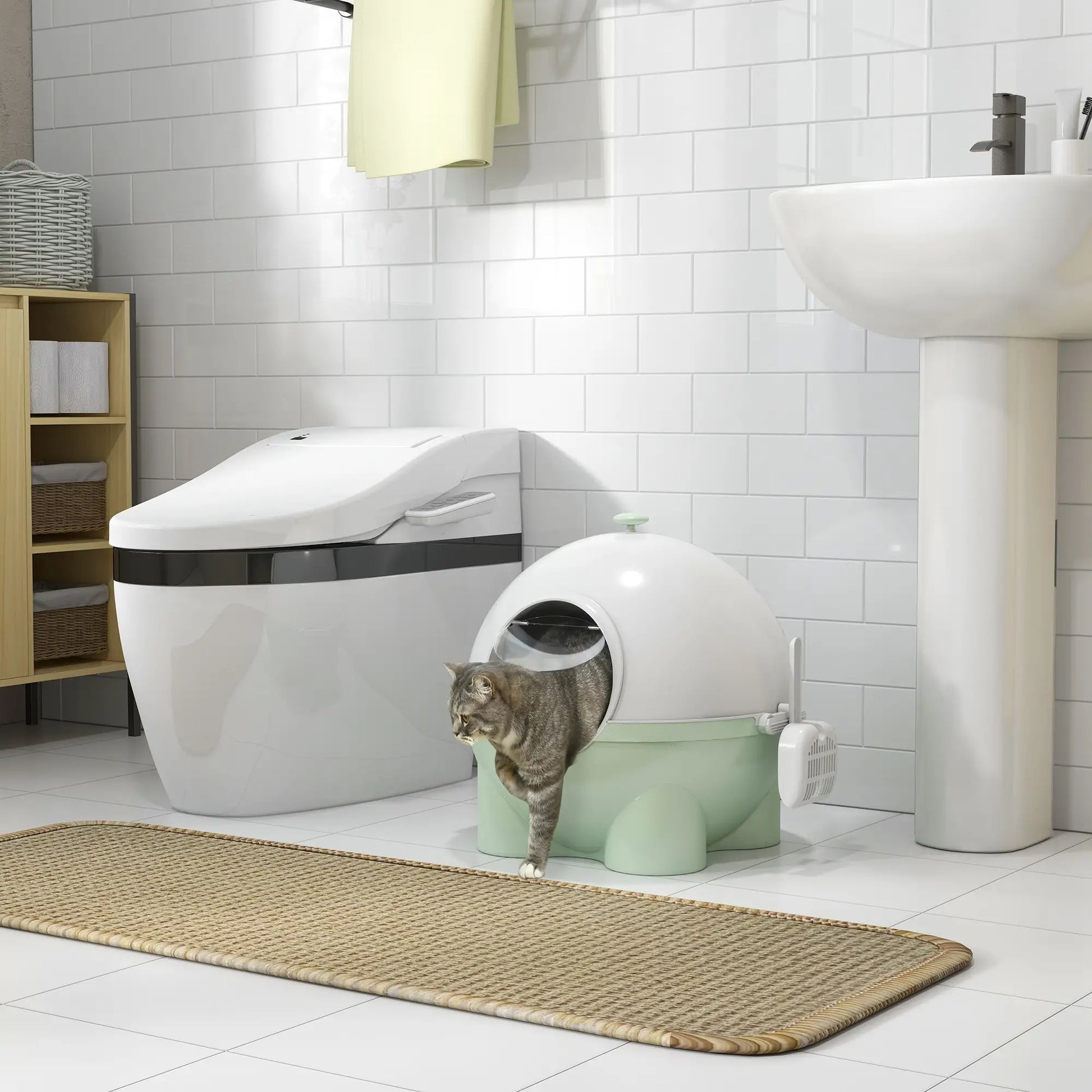 Enclosed Cat Litter Box, Large with Lid, Scoop, Leaking Sand Pedal, Light Green Cat Litter Box Enclosures at Gallery Canada