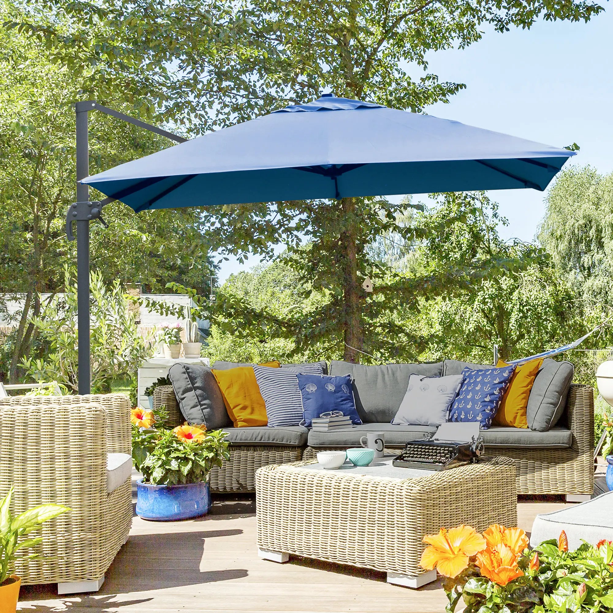 10x10ft Rotatable Square Cantilever Umbrella, 4 Adjustable Angles, Blue Cantilever Umbrellas at Gallery Canada
