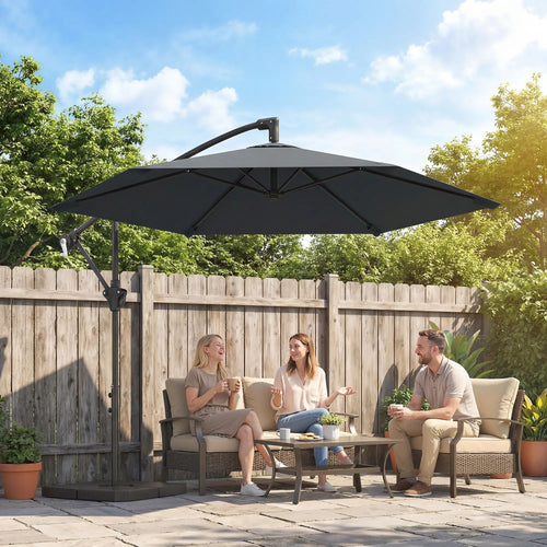 9.7 ft Offset Patio Umbrella, Water Sand Fillable Weights, Dark Grey