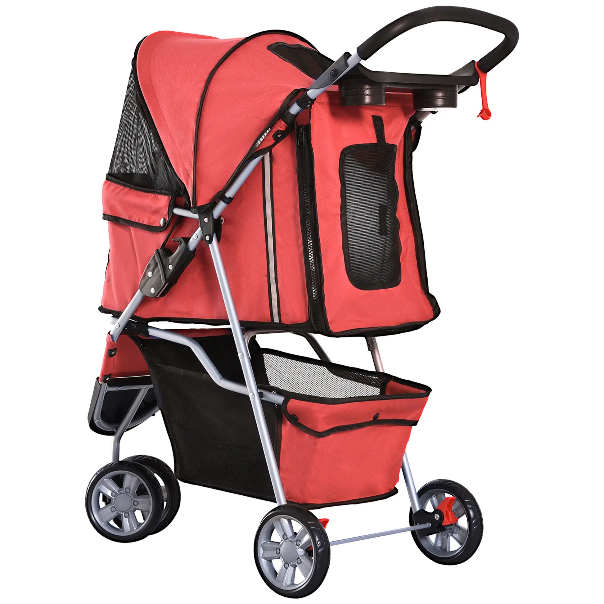3 Wheel Foldable Dog Stroller, Storage Basket, Adjustable Canopy, Cupholder, Red Dog Bike Trailers & Strollers at Gallery Canada