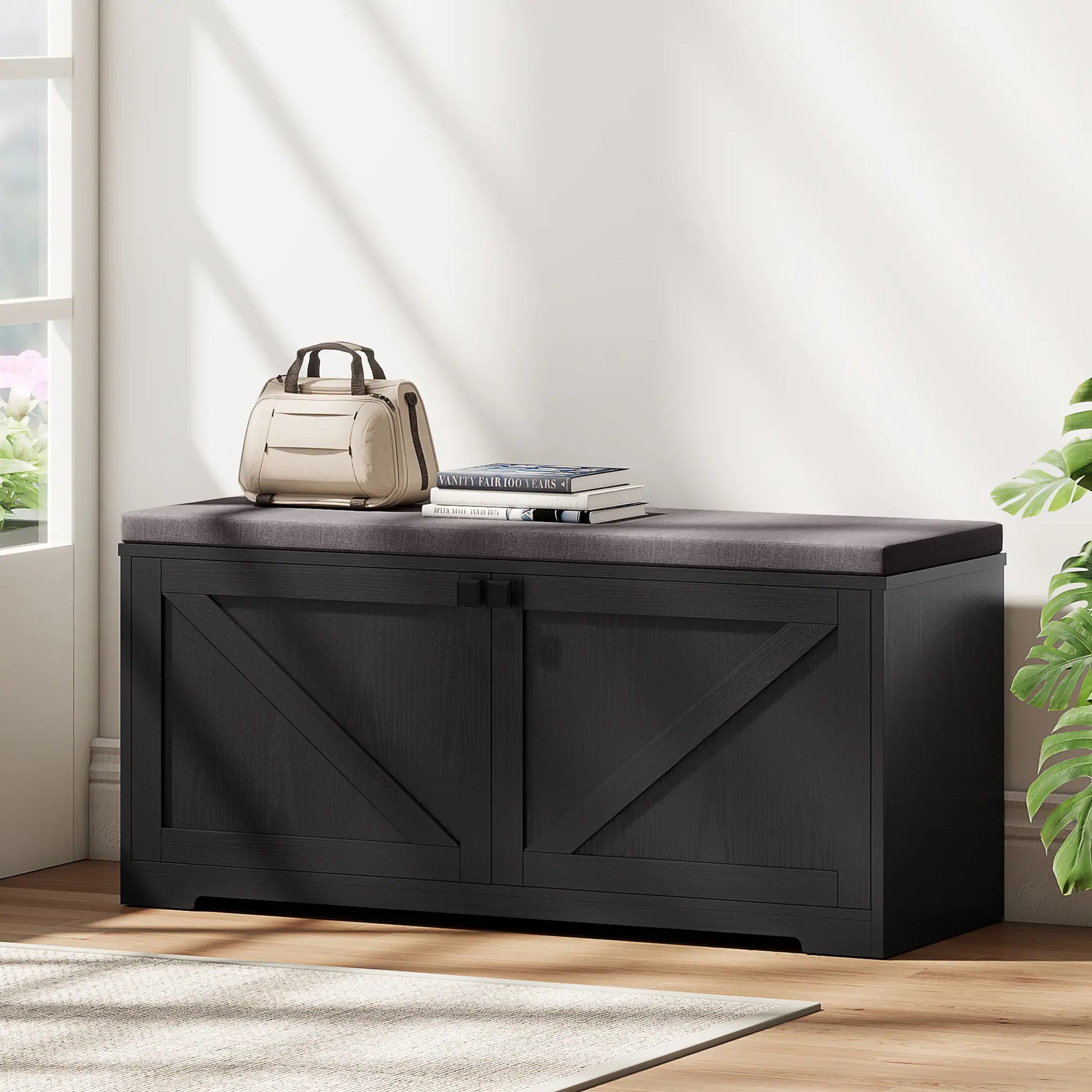 Shoe Storage Bench with Padded Seat, Entryway Bench, 8 Pairs, Black Wood Grain, Black Shoe Storage Cabinets & Racks at Gallery Canada