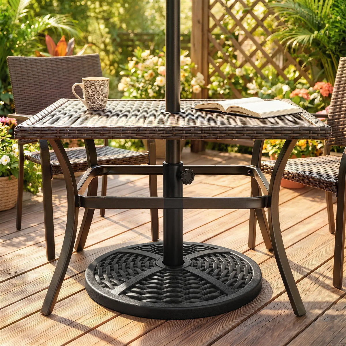 18" Heavy Duty Round Market Umbrella Base, Rattan Design, Black Umbrella Bases at Gallery Canada