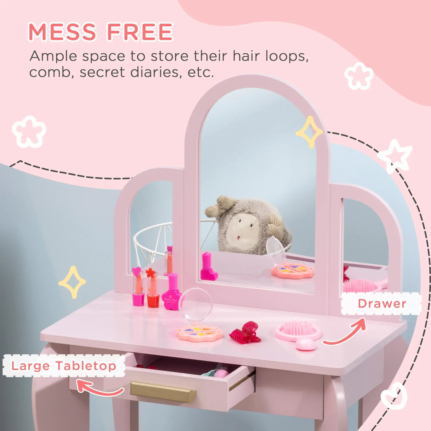 Kids Dressing Table and Chair Set, Makeup Desk with Drawer, 3-6 Years, Pink Kids Bedroom Furniture at Gallery Canada