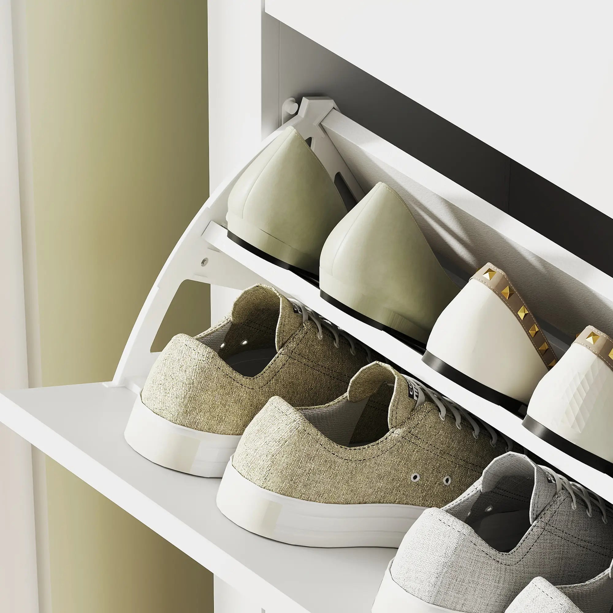 Narrow Shoe Cabinet, 2 Flip Drawers, Adjustable Shelves, Holds 10-14 Pairs, White Shoe Storage Cabinets & Racks at Gallery Canada