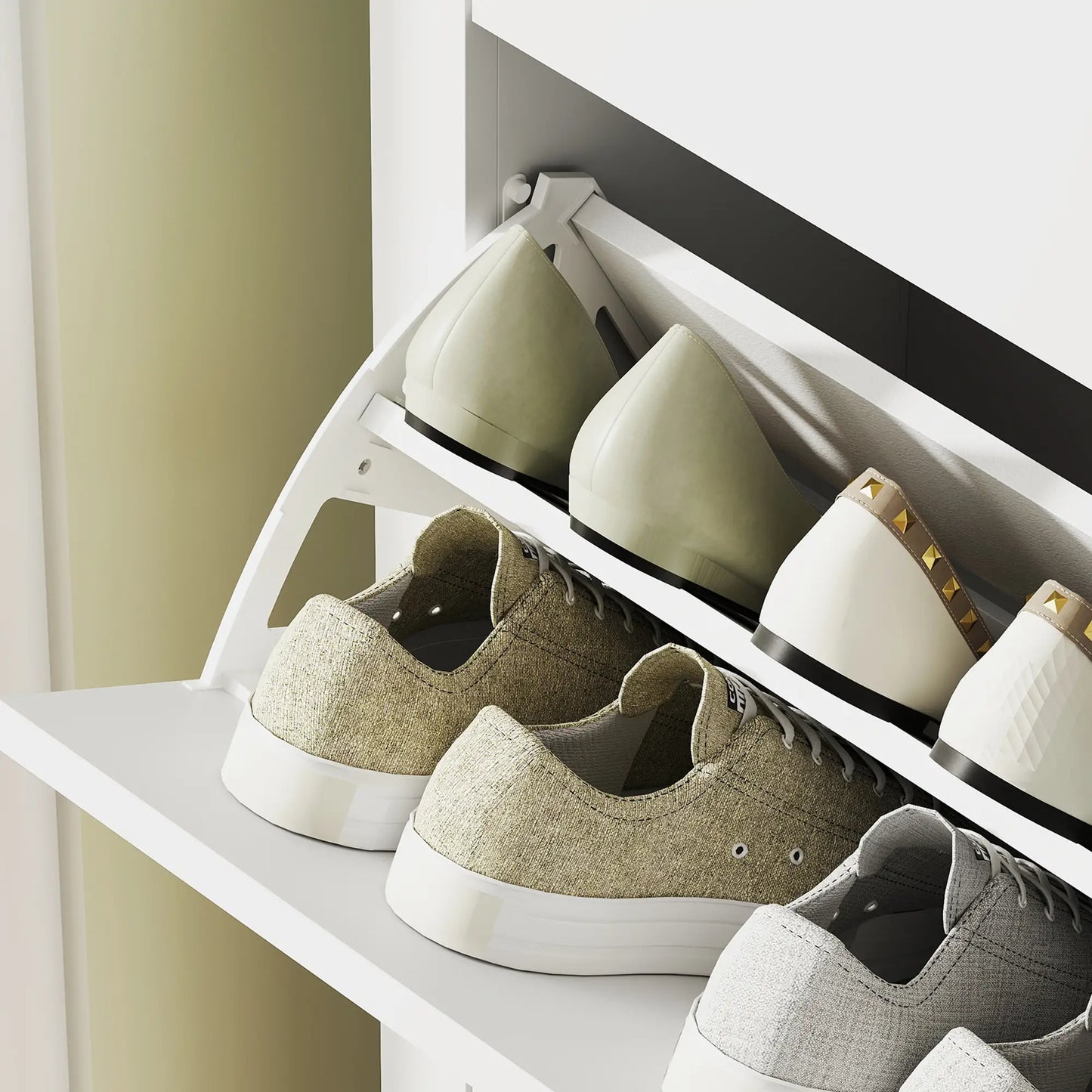 Narrow Shoe Cabinet, 2 Flip Drawers, Adjustable Shelves, Holds 10-14 Pairs, White Shoe Storage Cabinets & Racks at Gallery Canada