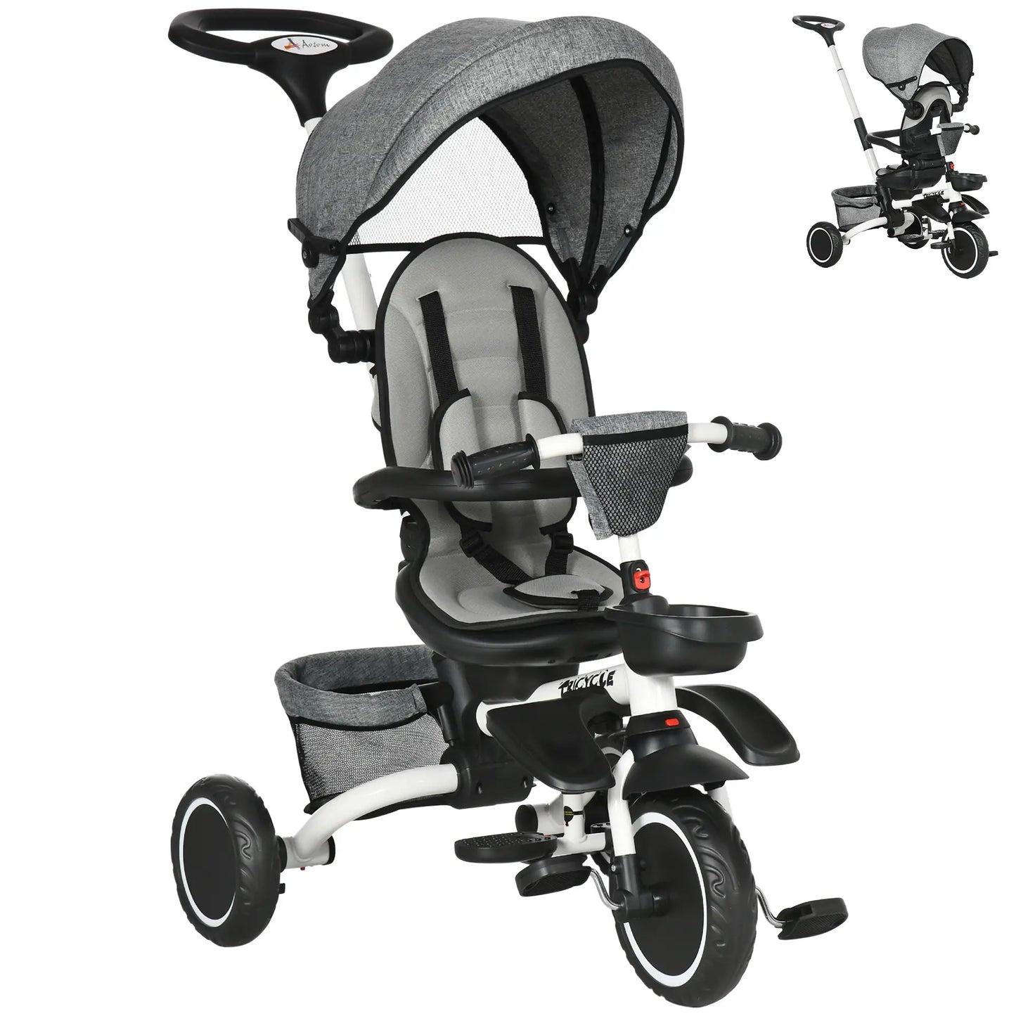 6-in-1 Toddler Tricycle, Adjustable Seat, Push Handle, Grey Tricycles for Kids Grey, White at Gallery Canada