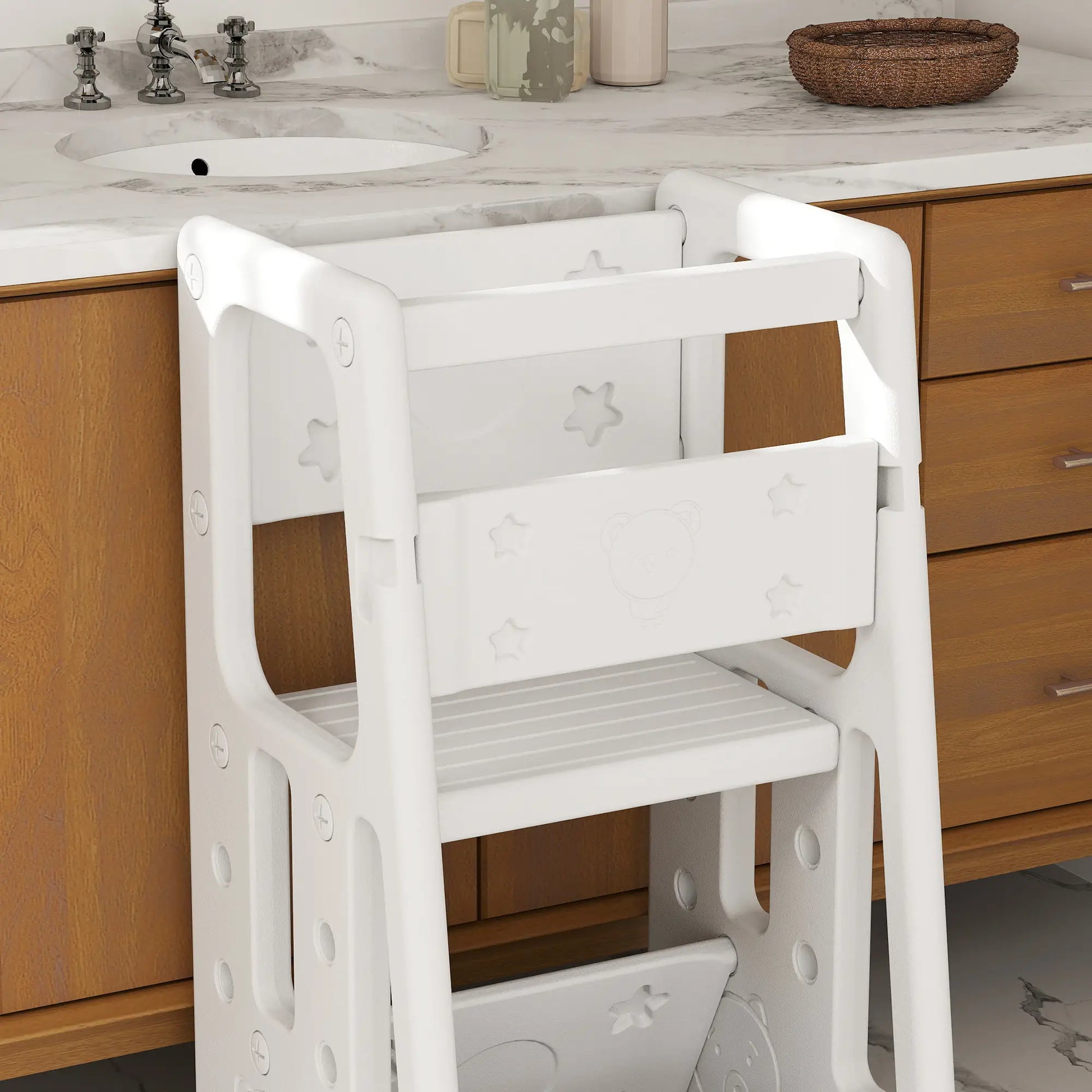 Toddler Kitchen Helper, 2 Step Stool, Adjustable Height, Safety Rail, White Toddler & Kids Step Stools at Gallery Canada