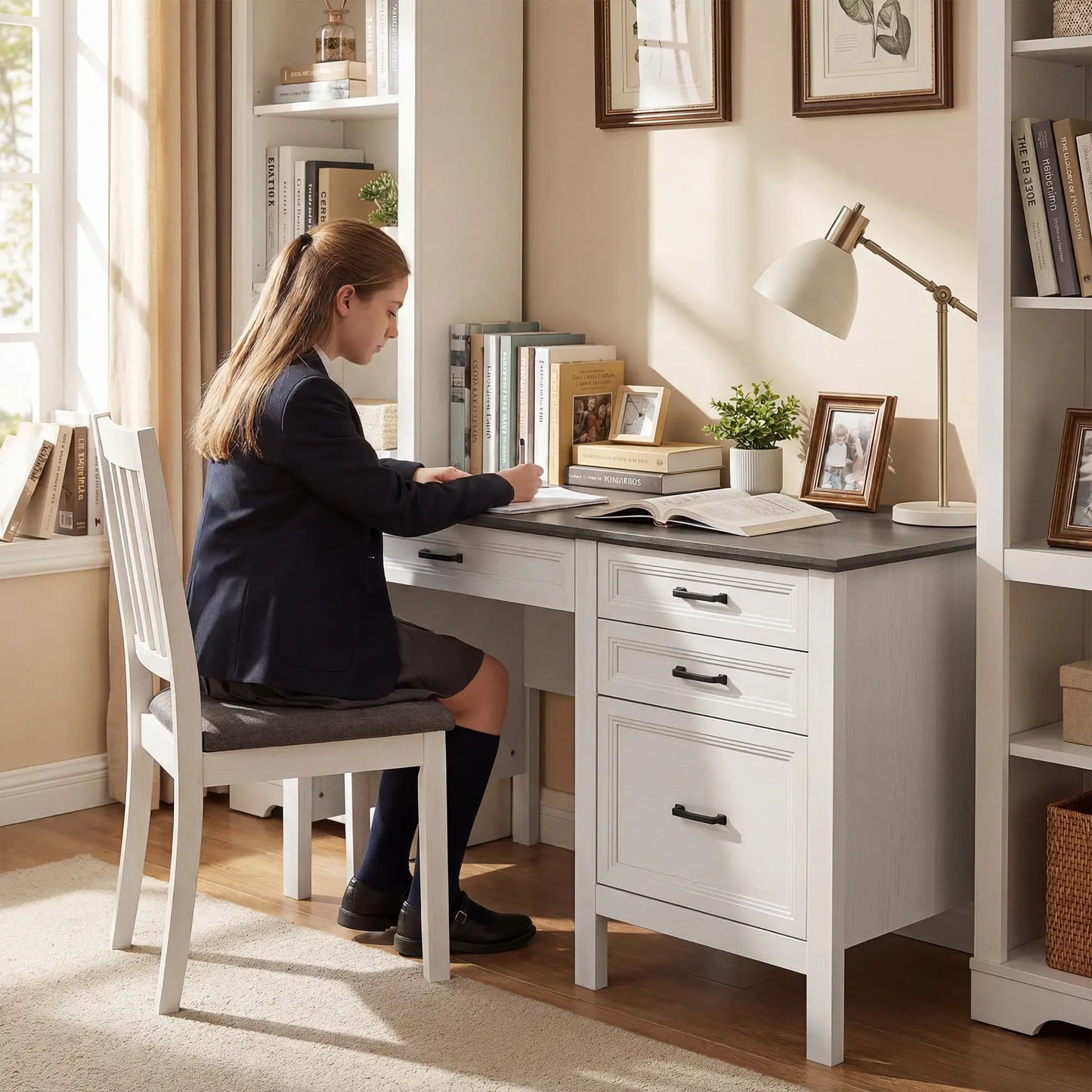 54" Farmhouse Executive Desk, Computer Desk With Drawers, White Computer Desks at Gallery Canada