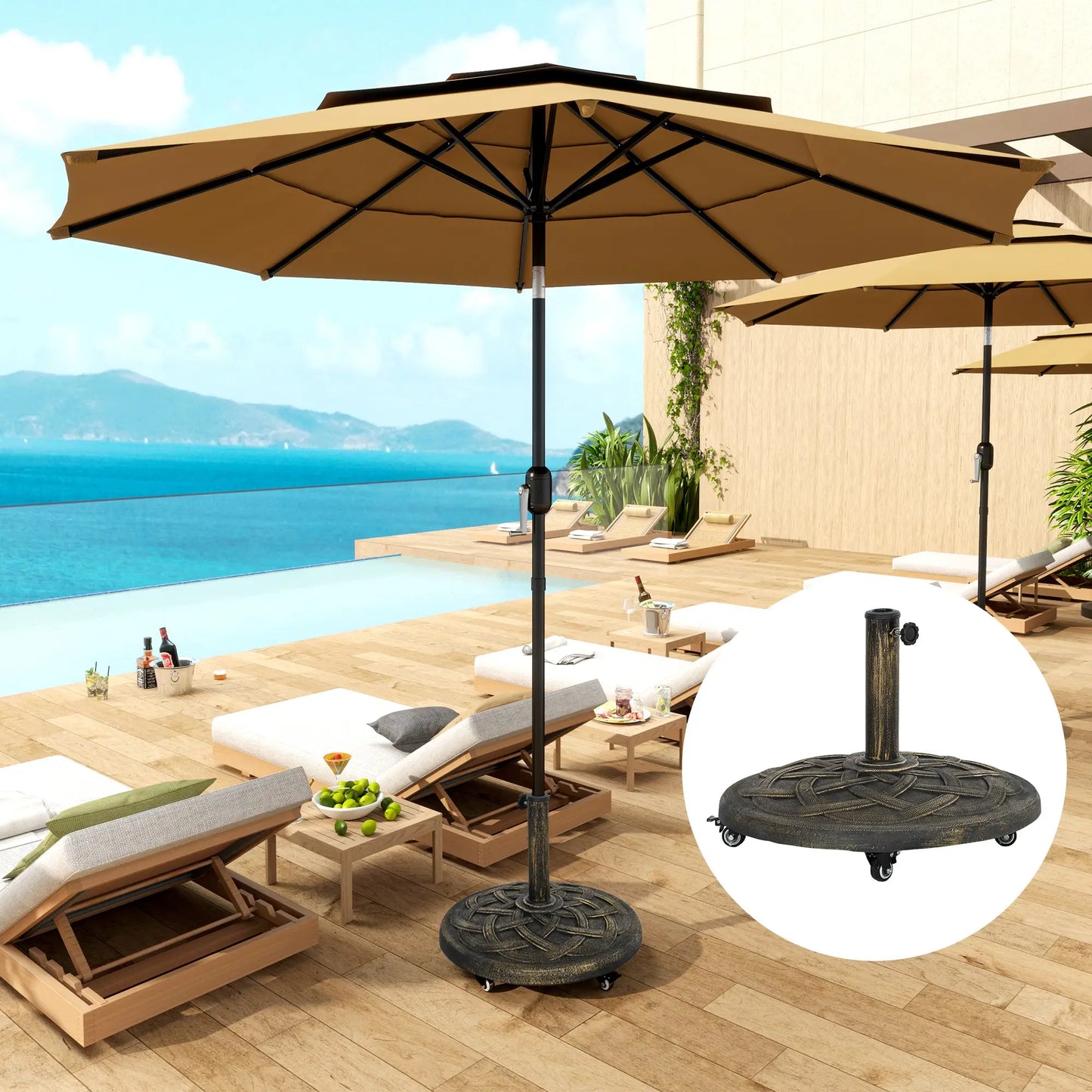 Round Patio Umbrella Base With Wheels, 44 Lbs Resin Stand, 1.3"/1.5"/1.9" Poles, Bronze Umbrella Bases at Gallery Canada