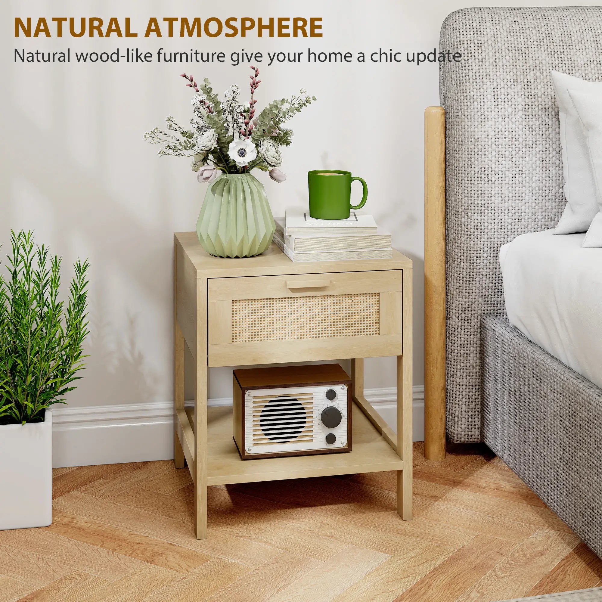 Narrow Nightstand With Rattan, Drawer And Shelf, Set Of 2, Natural Wood Bedside Tables at Gallery Canada