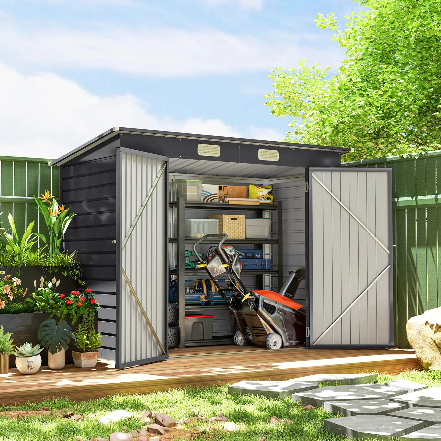 8 x 4FT Galvanized Metal Garden Shed, Double Doors, 2 Vents, Grey Sheds at Gallery Canada