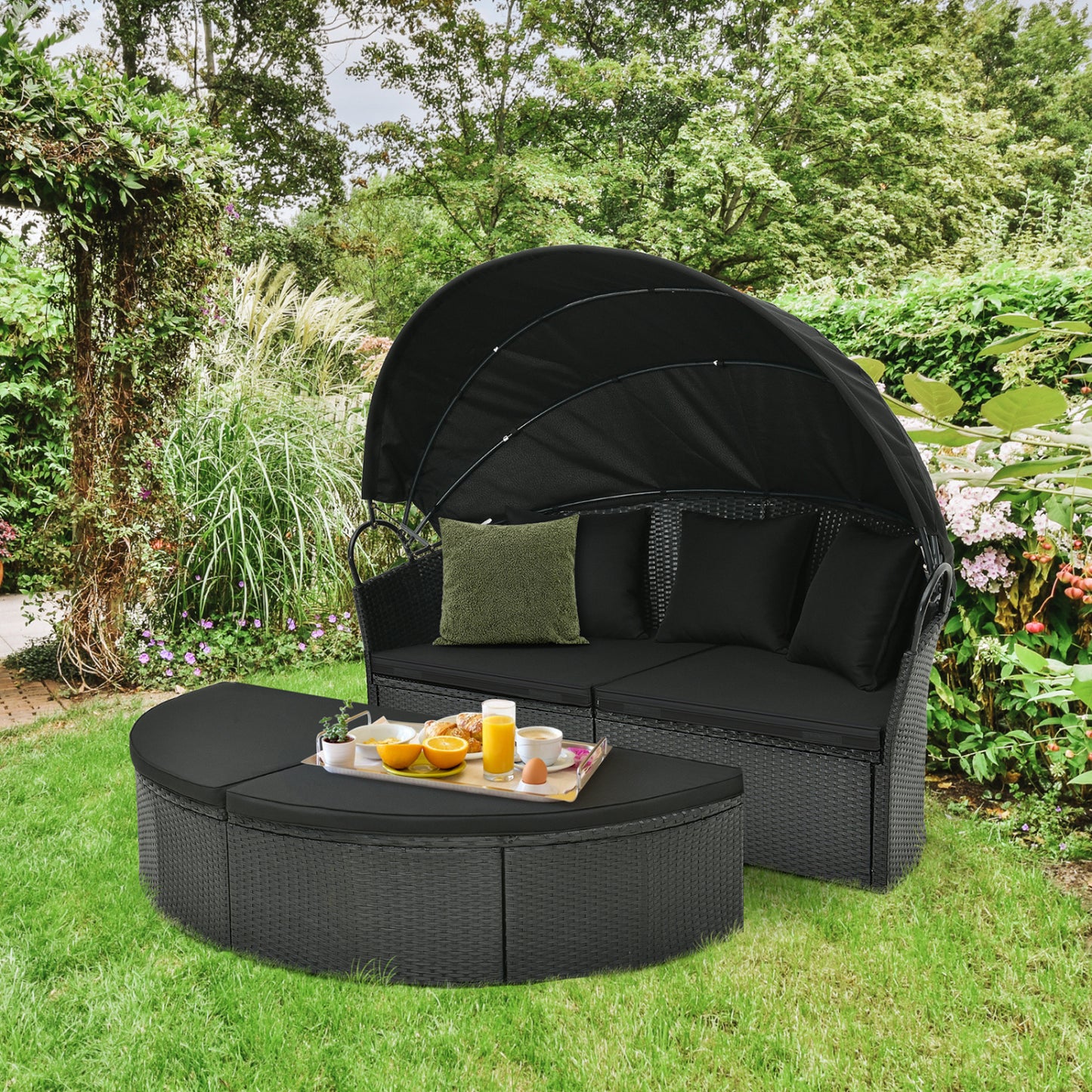 Clamshell Patio Round Daybed, Wicker With Retractable Canopy, Black Outdoor Sectionals at Gallery Canada