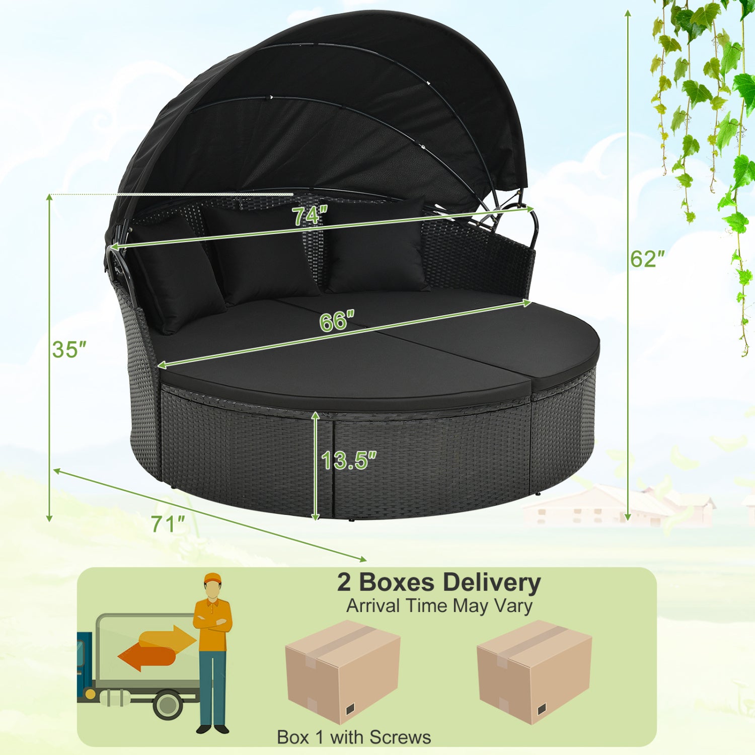 Clamshell Patio Round Daybed, Wicker With Retractable Canopy, Black Outdoor Sectionals at Gallery Canada