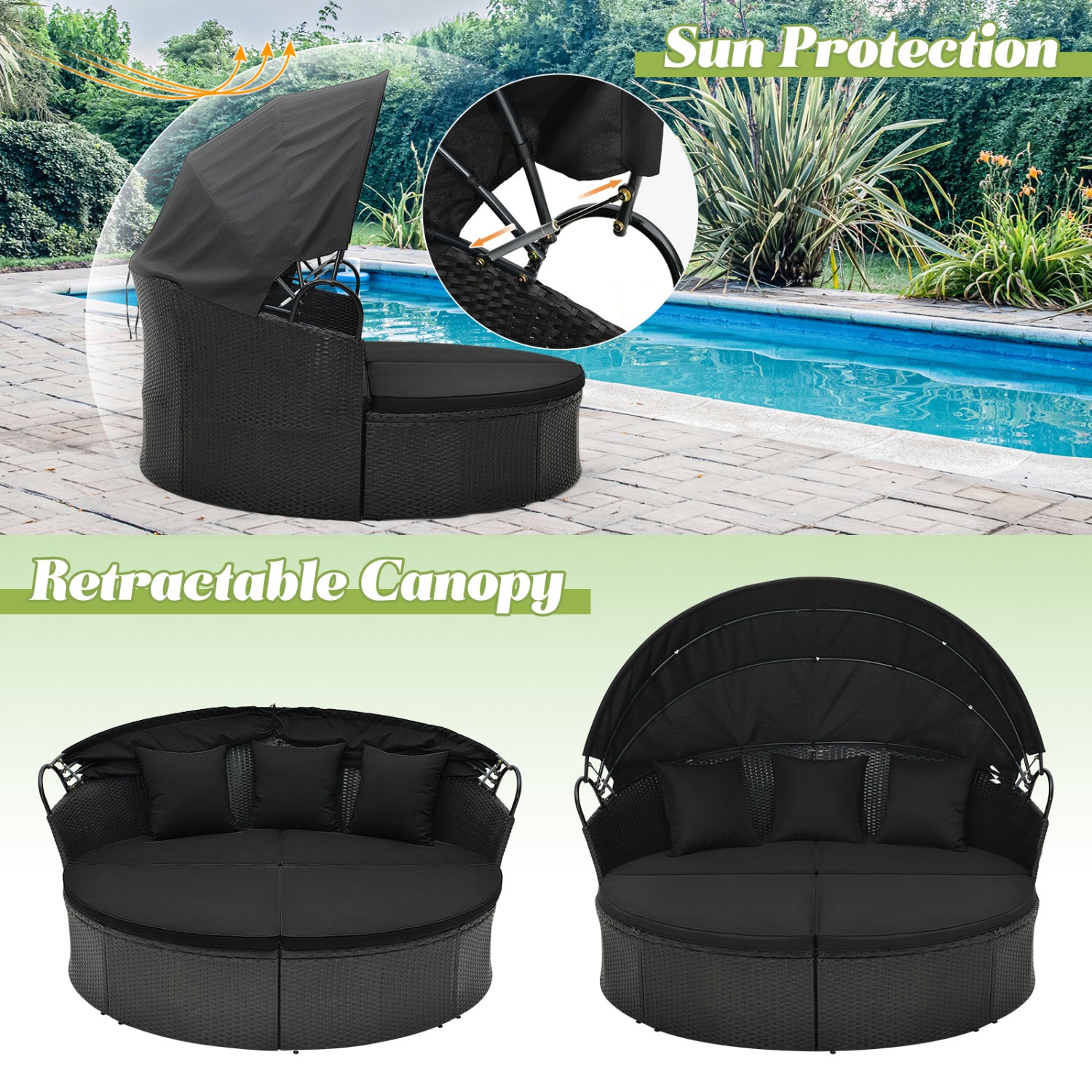 Clamshell Patio Round Daybed, Wicker With Retractable Canopy, Black Outdoor Sectionals at Gallery Canada