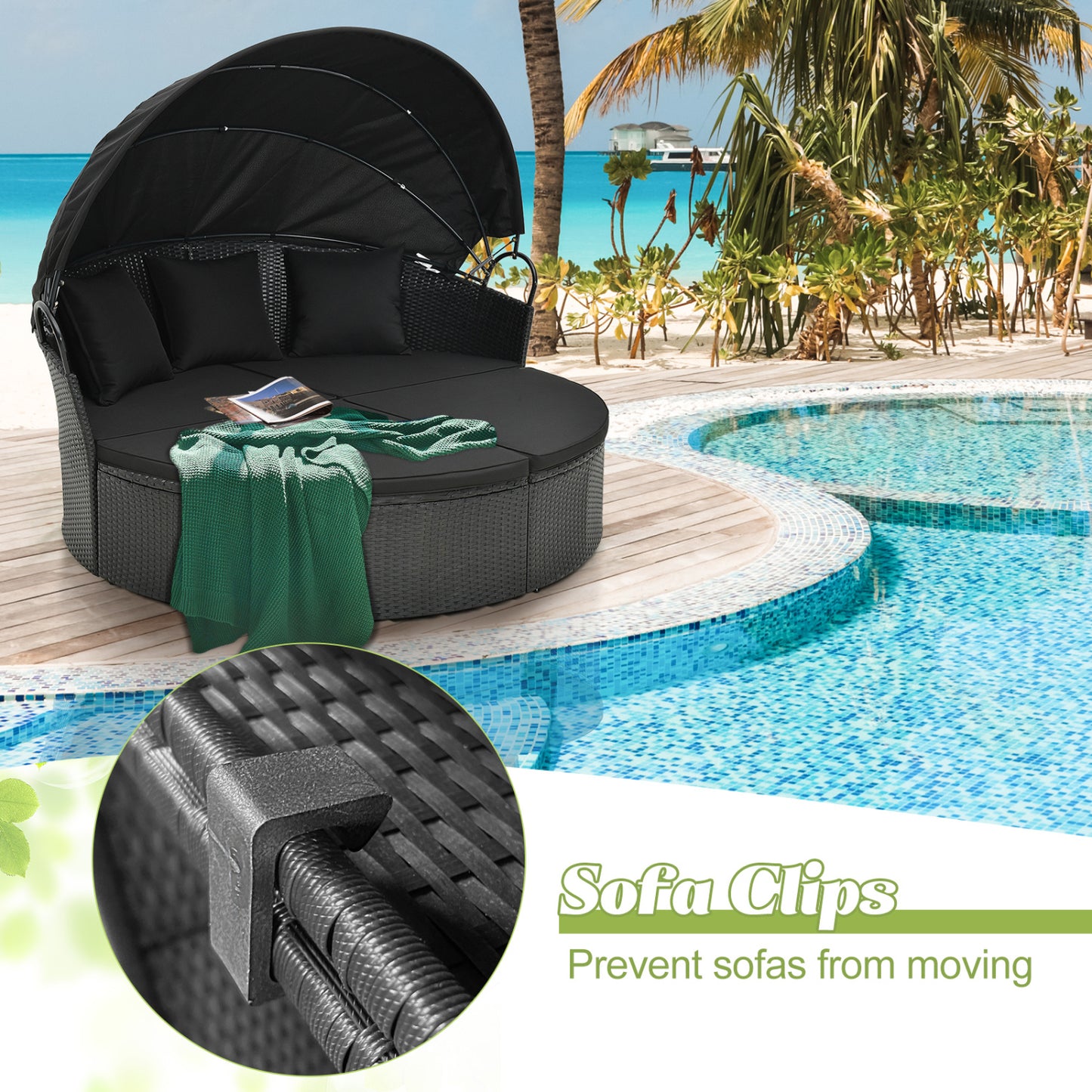 Clamshell Patio Round Daybed, Wicker With Retractable Canopy, Black Outdoor Sectionals at Gallery Canada