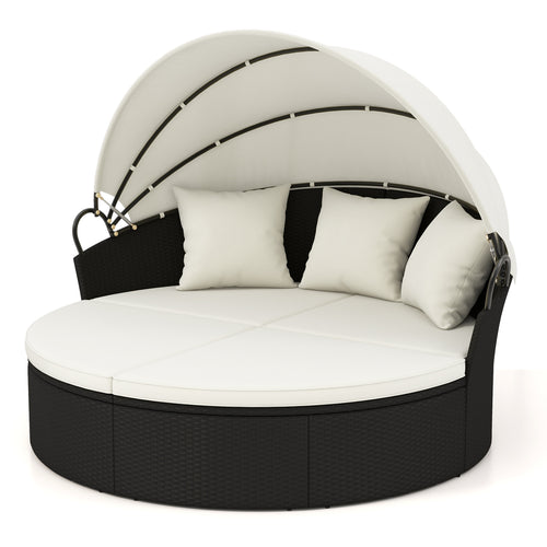 Clamshell Patio Round Daybed, Wicker With Retractable Canopy, Off White