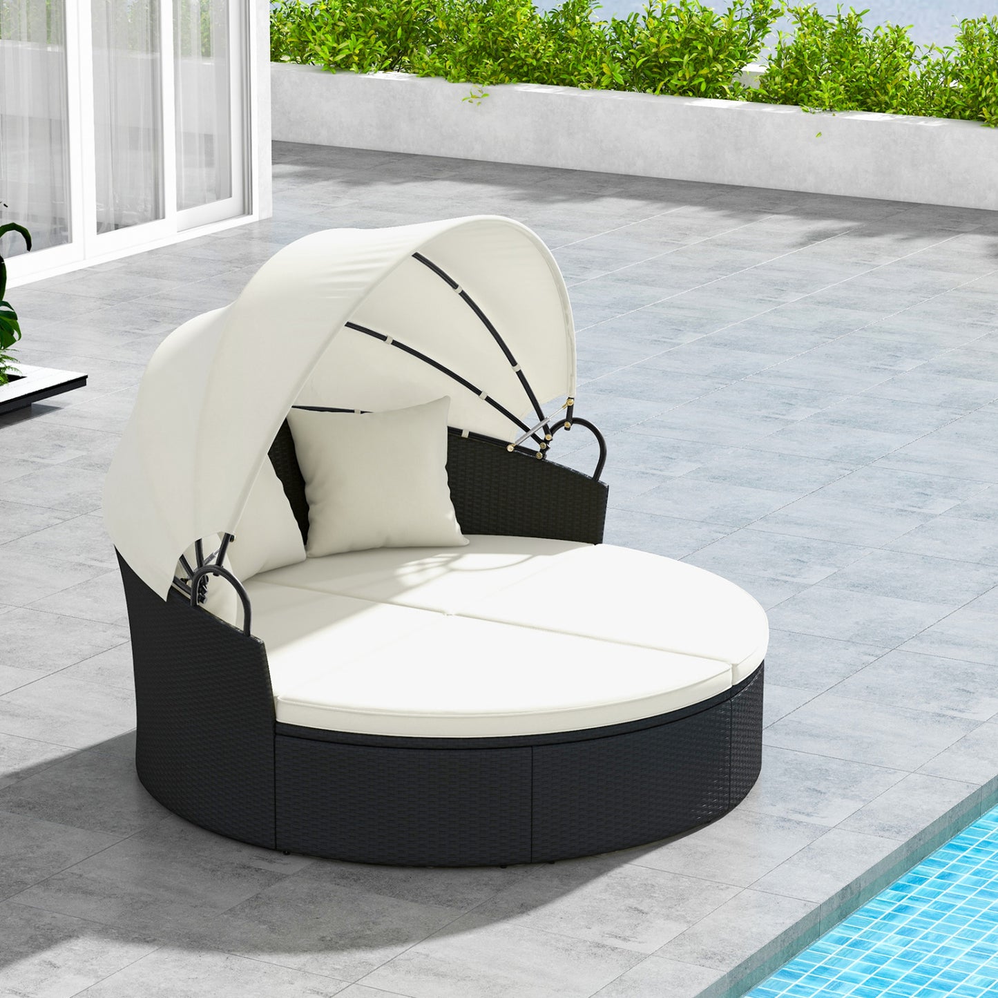 Clamshell Patio Round Daybed, Wicker With Retractable Canopy, Off White Outdoor Sectionals at Gallery Canada