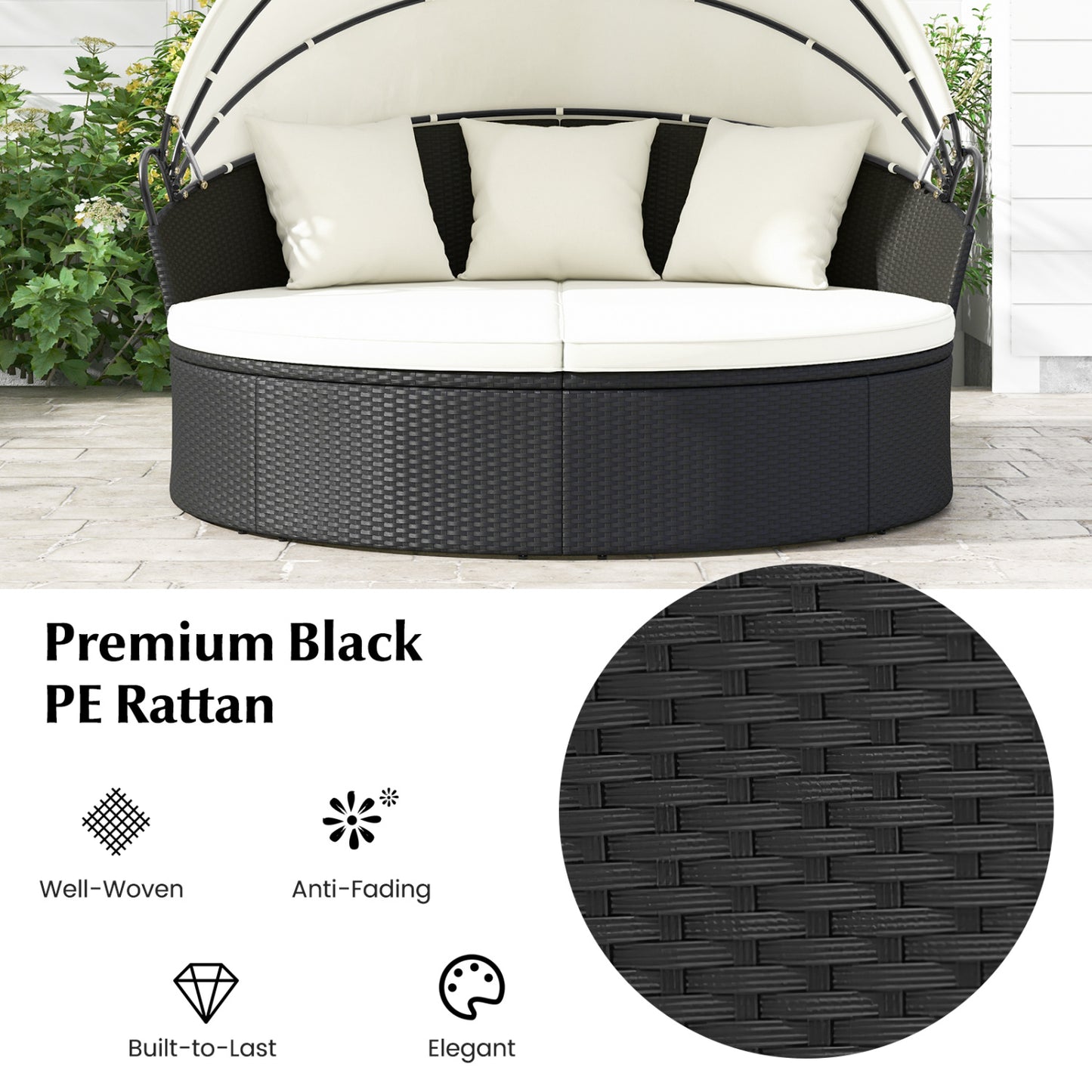 Clamshell Patio Round Daybed, Wicker With Retractable Canopy, Off White Outdoor Sectionals at Gallery Canada