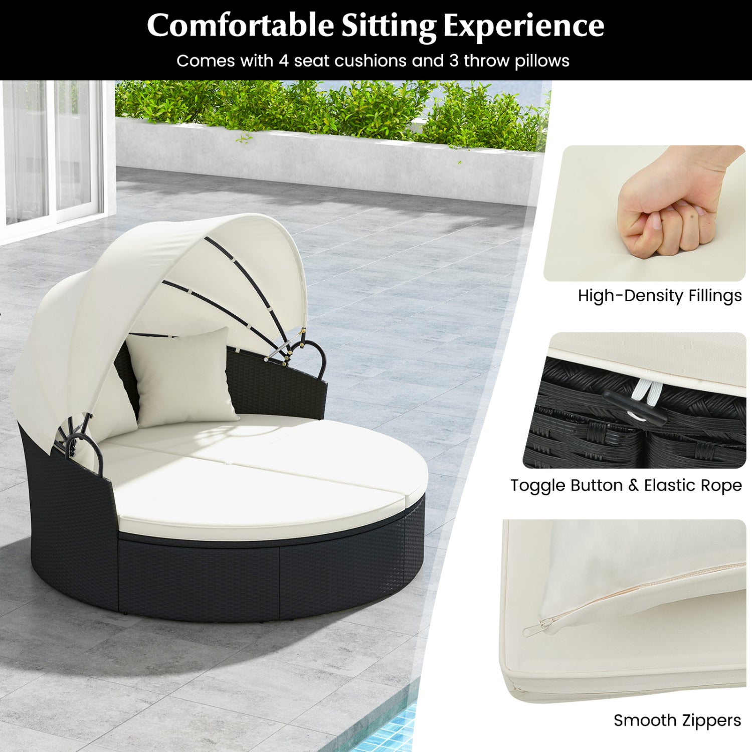 Clamshell Patio Round Daybed, Wicker With Retractable Canopy, Off White Outdoor Sectionals at Gallery Canada