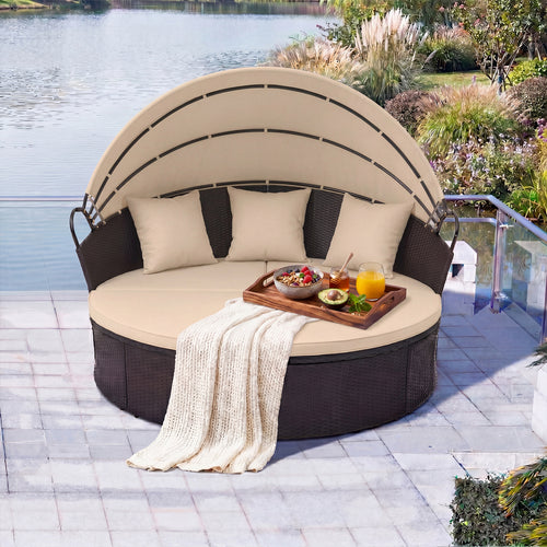 Clamshell Patio Round Daybed Wicker with Retractable Canopy and Pillows, Brown