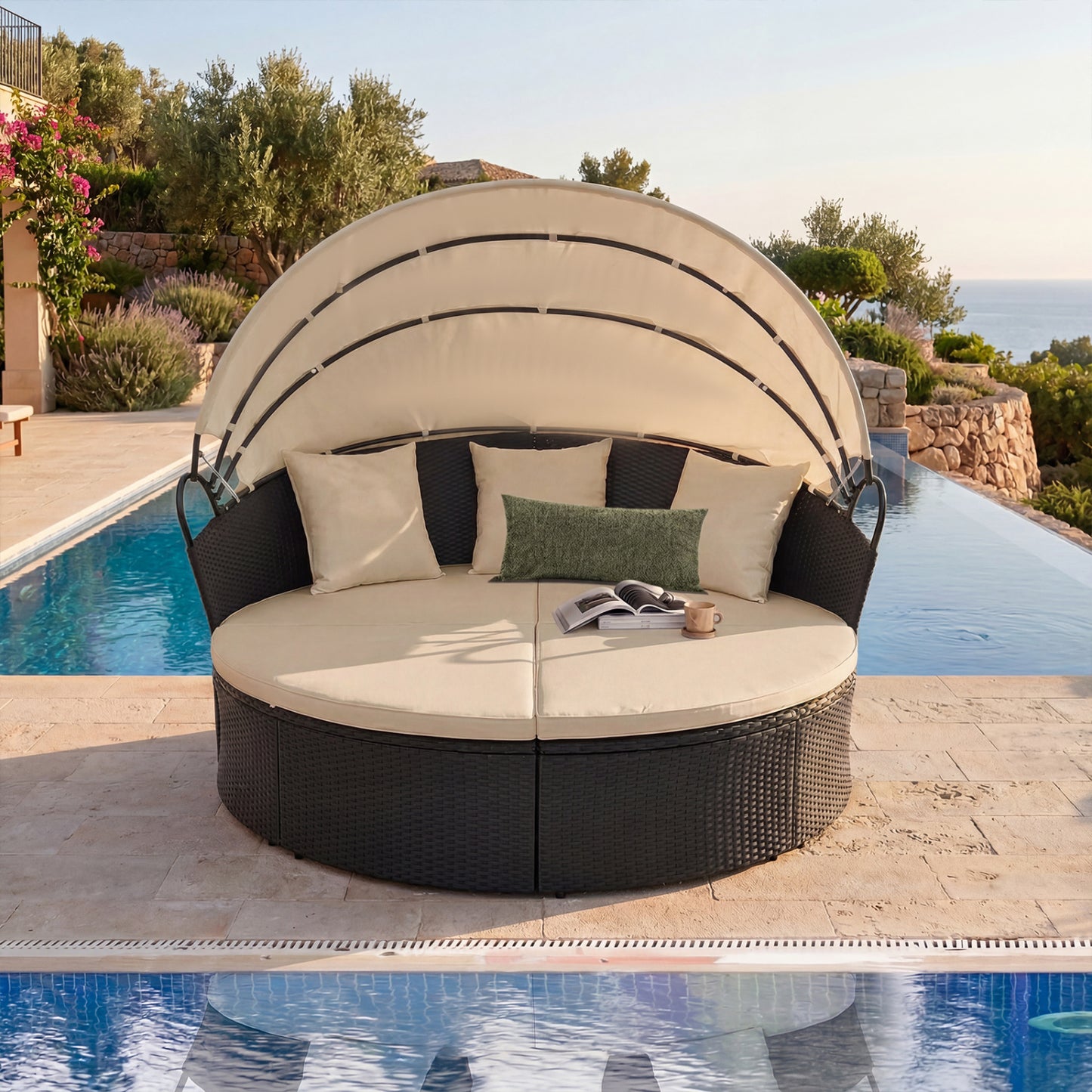 Clamshell Patio Round Daybed Wicker with Retractable Canopy and Pillows, Brown Outdoor Sectionals at Gallery Canada