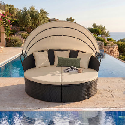 Clamshell Patio Round Daybed Wicker with Retractable Canopy and Pillows, Brown Outdoor Sectionals at Gallery Canada