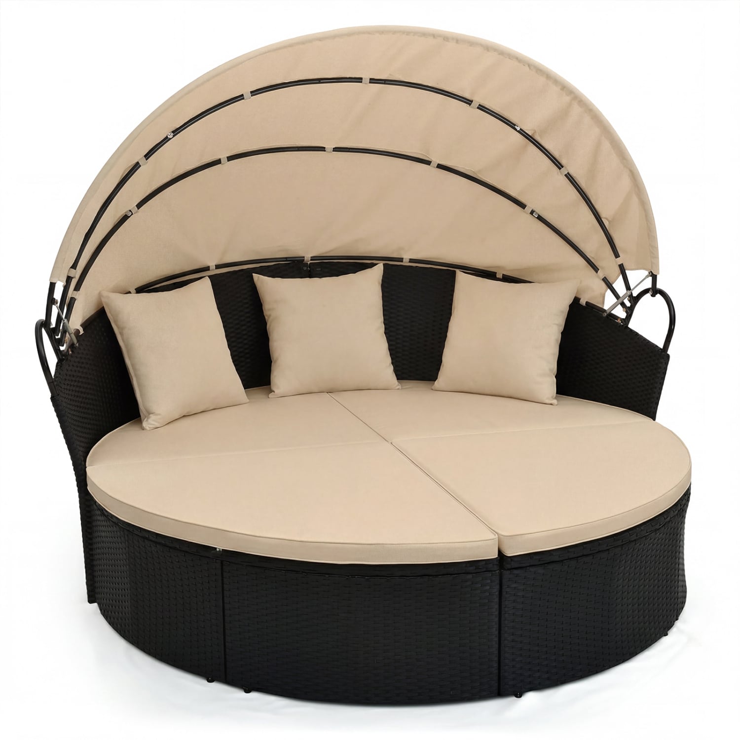Clamshell Patio Round Daybed Wicker with Retractable Canopy and Pillows, Brown Outdoor Sectionals at Gallery Canada