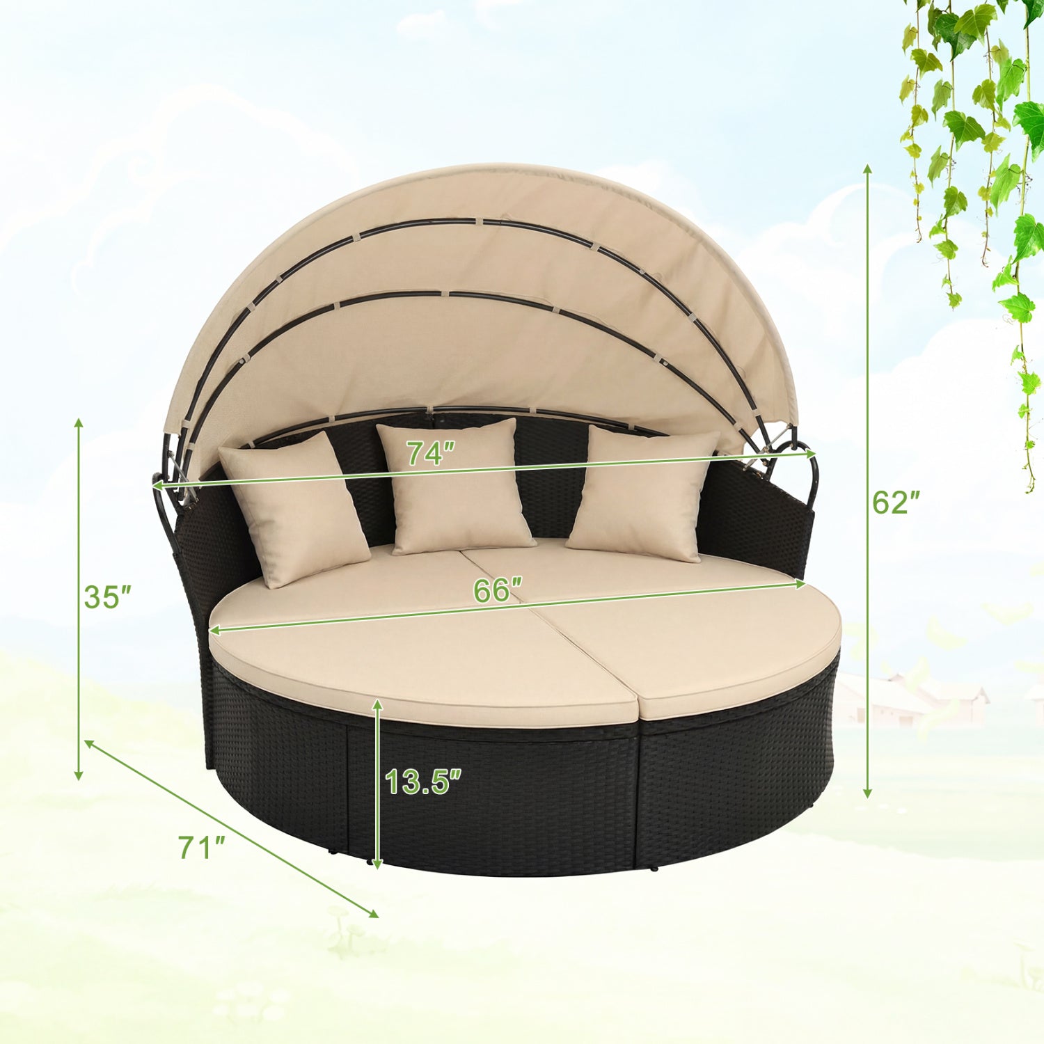 Clamshell Patio Round Daybed Wicker with Retractable Canopy and Pillows, Brown Outdoor Sectionals at Gallery Canada