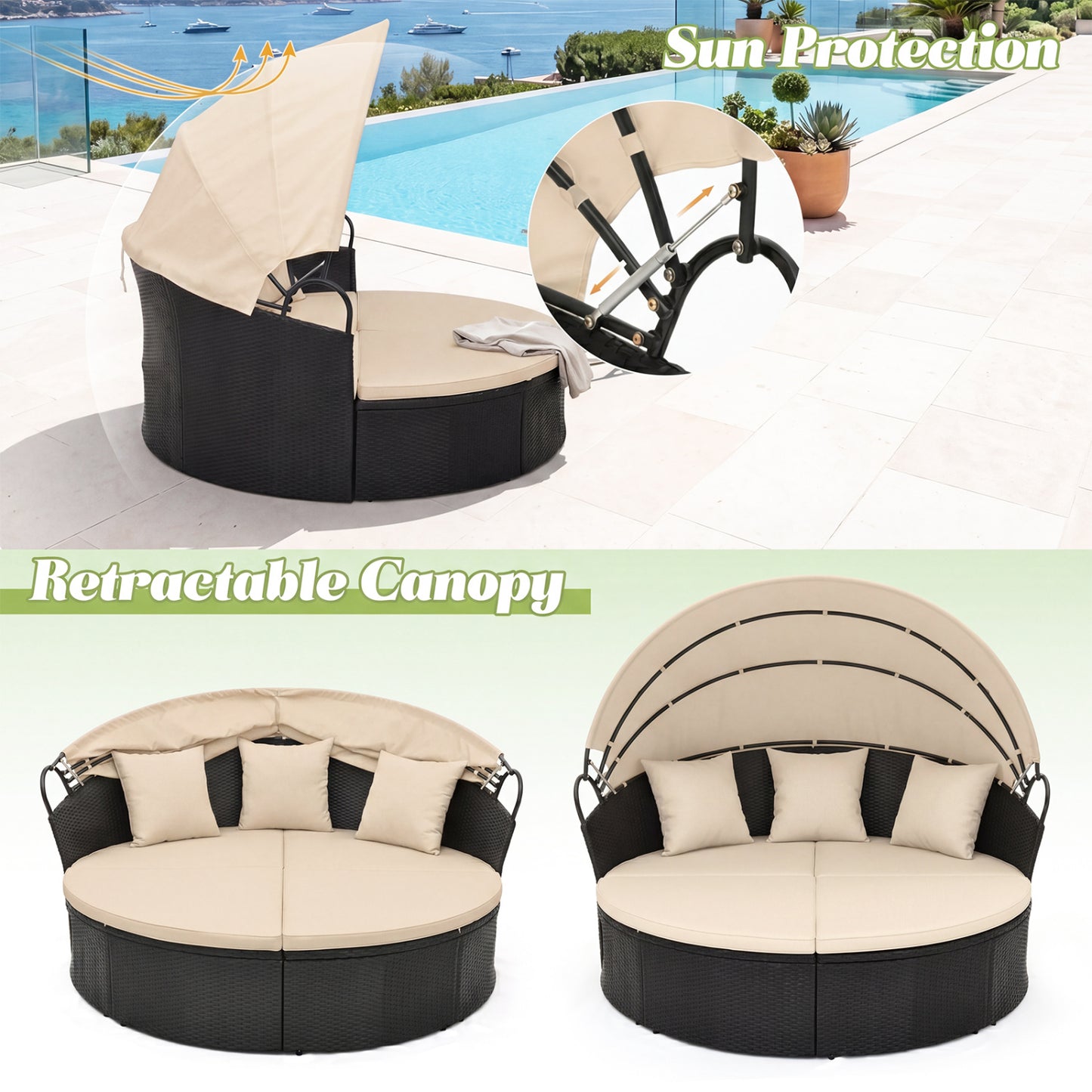 Clamshell Patio Round Daybed Wicker with Retractable Canopy and Pillows, Brown Outdoor Sectionals at Gallery Canada