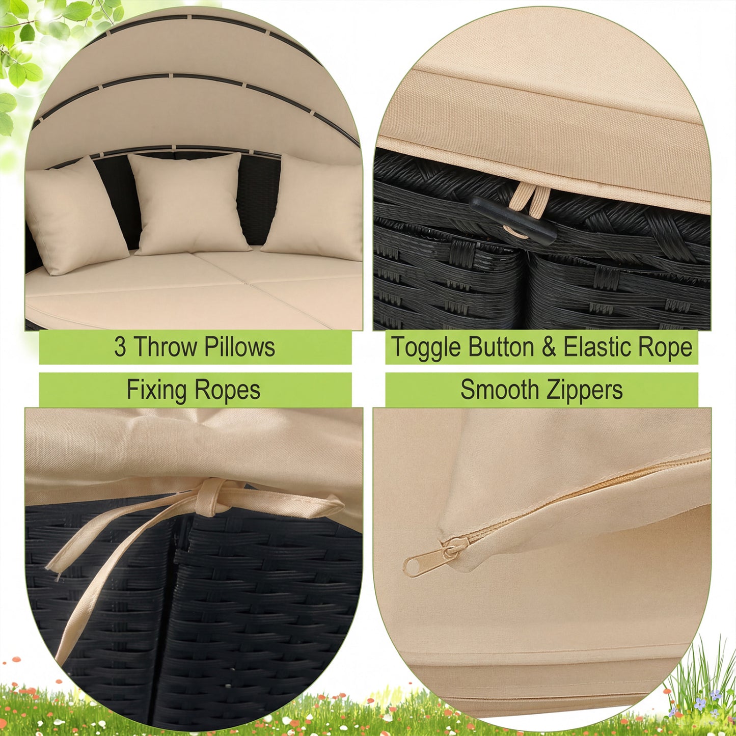 Clamshell Patio Round Daybed Wicker with Retractable Canopy and Pillows, Brown Outdoor Sectionals at Gallery Canada
