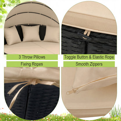 Clamshell Patio Round Daybed Wicker with Retractable Canopy and Pillows, Brown Outdoor Sectionals at Gallery Canada