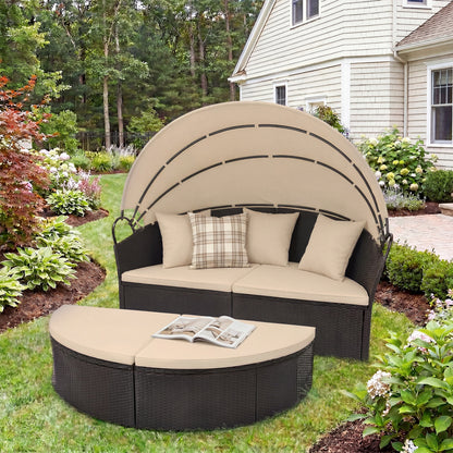 Clamshell Patio Round Daybed Wicker with Retractable Canopy and Pillows, Brown Outdoor Sectionals at Gallery Canada